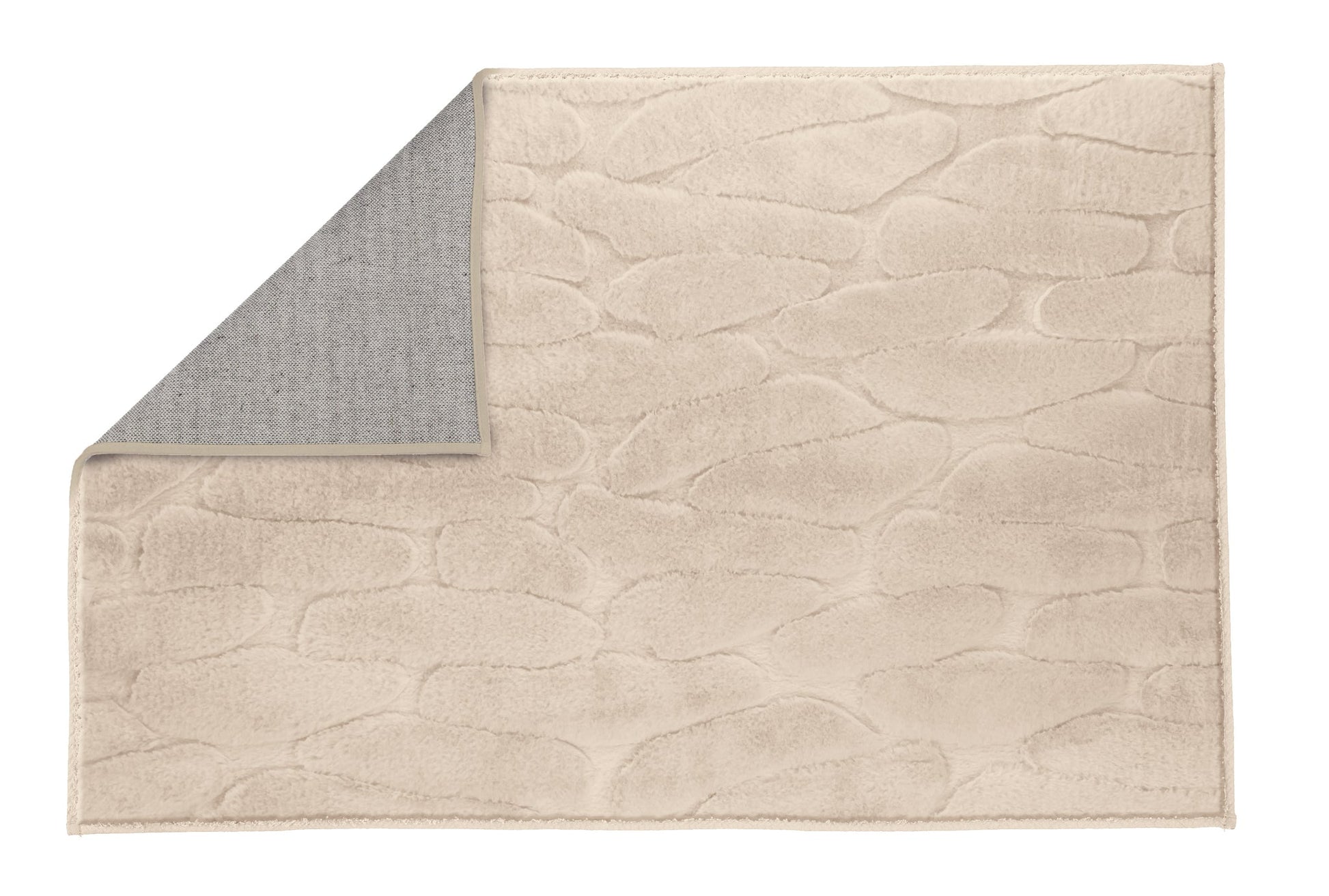 Badteppich TONDO seidenfarben 60 x 90 cm mit Steinstruktur und grauer rutschhemmender Rückseite ist abgebildet.
