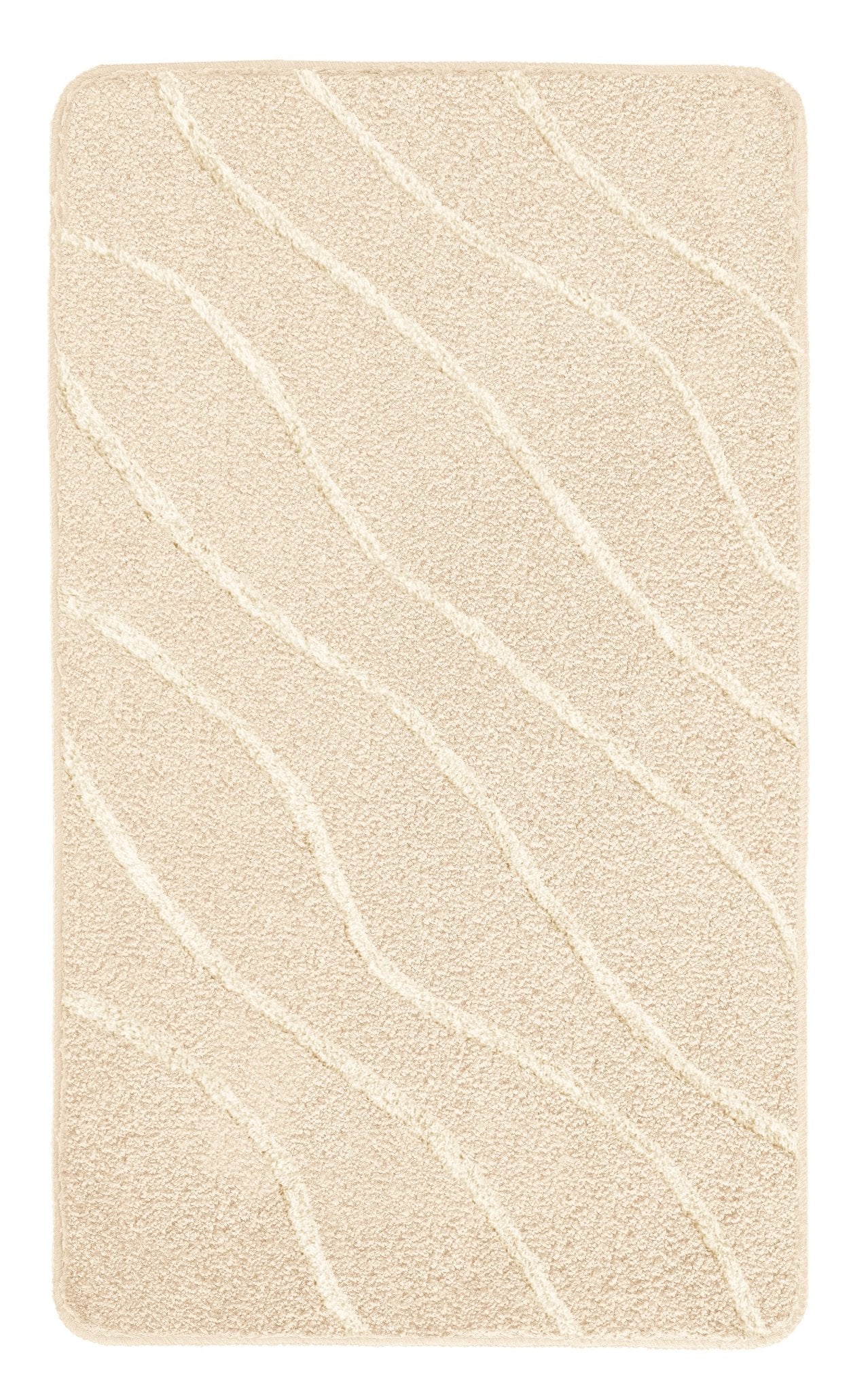 Badteppich TRAM Caramel 70 x 120 cm mit Wellenmuster liegt auf hellem Untergrund.
