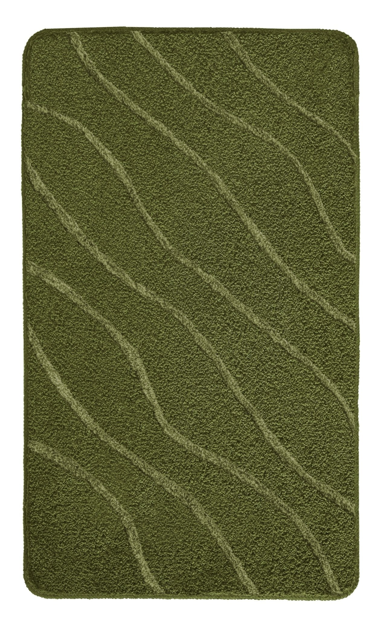 Badteppich TRAM Forest 70 x 120 cm liegt rechteckig mit Wellenmuster auf hellem Hintergrund.