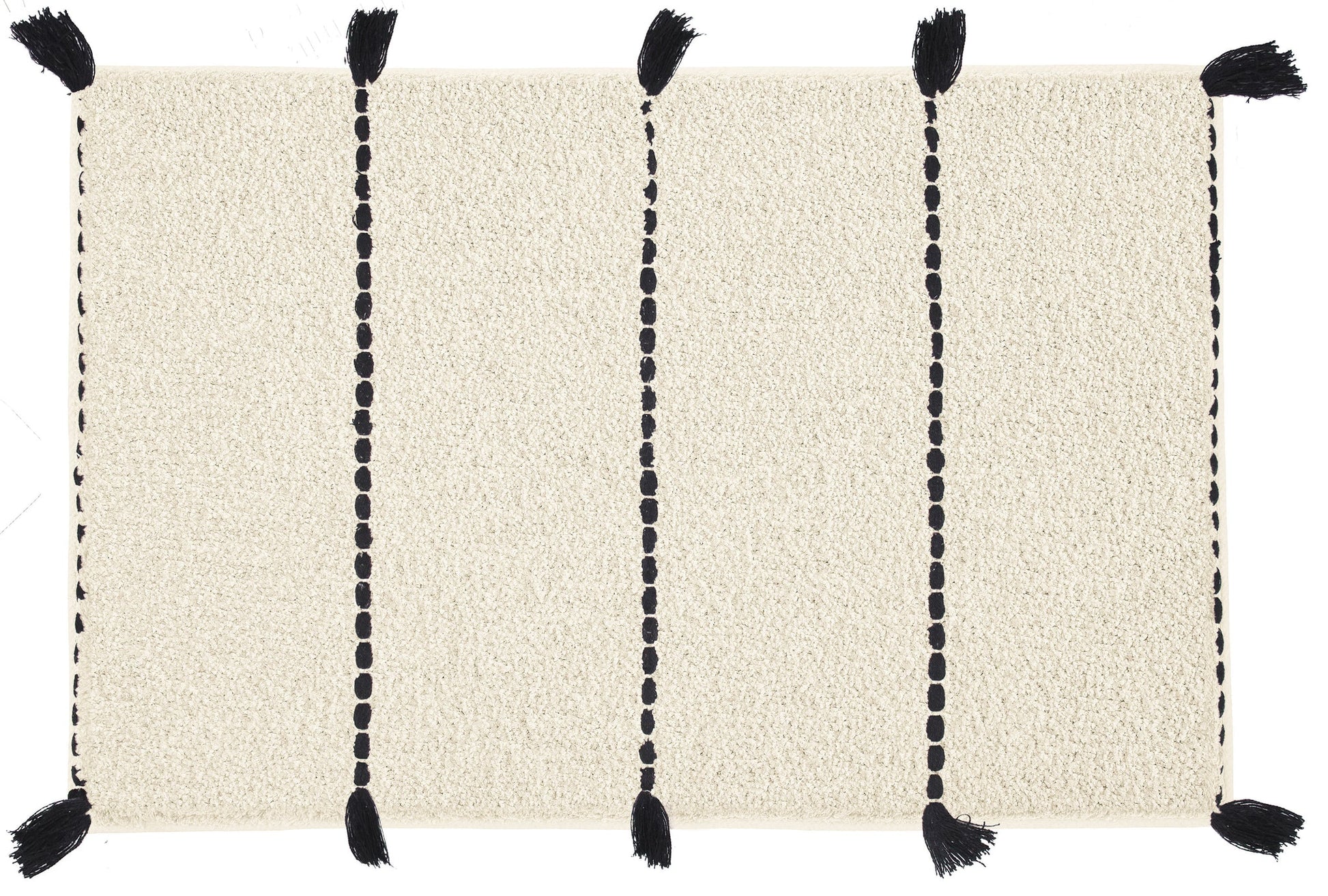 Badteppich TRAVIS Natur 55 x 65 cm liegt flach mit schwarzen Quasten auf hellem Hintergrund.