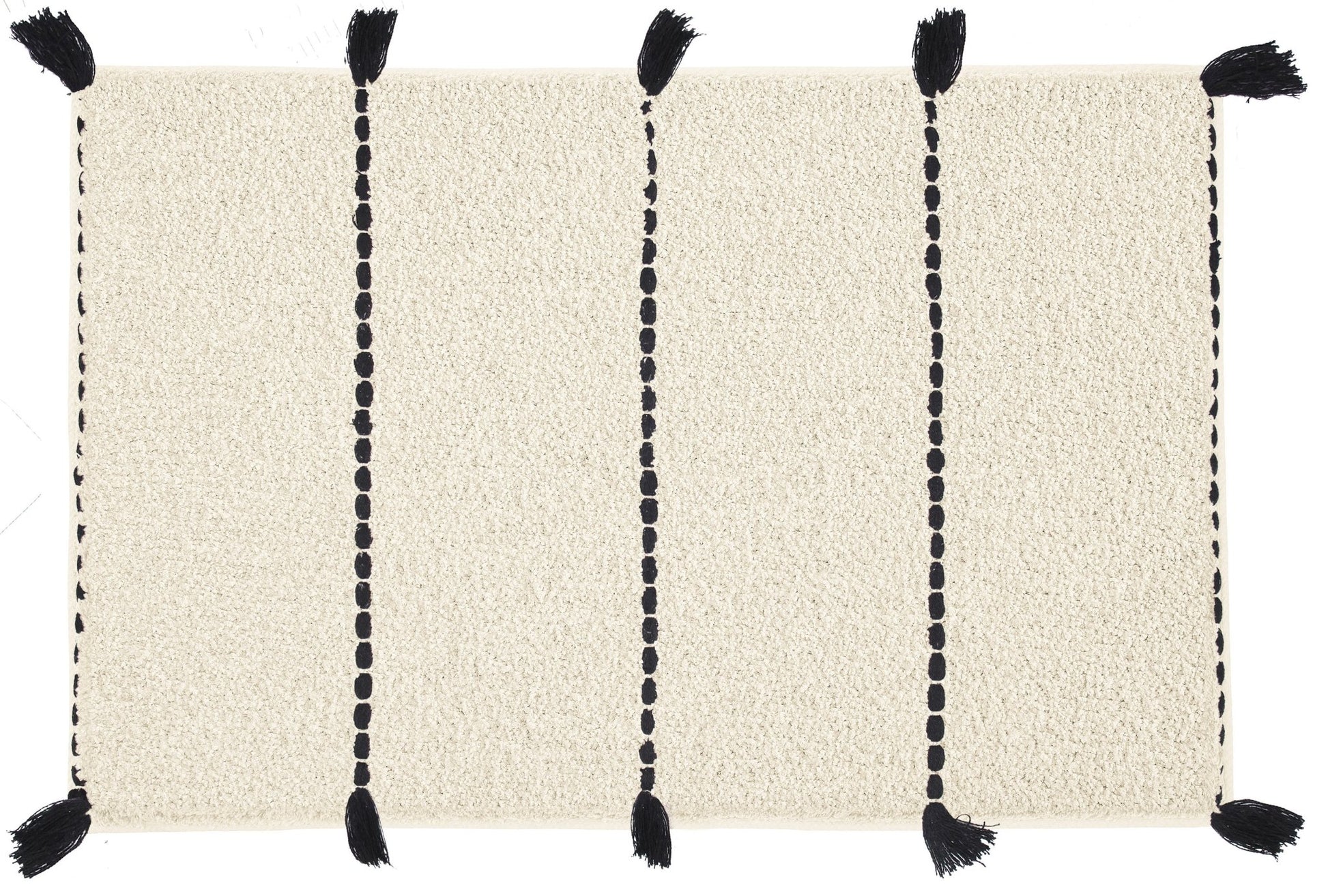 Badteppich TRAVIS Natur 80 x 140 cm in Creme mit schwarzen Streifen und Quasten von oben gesehen.