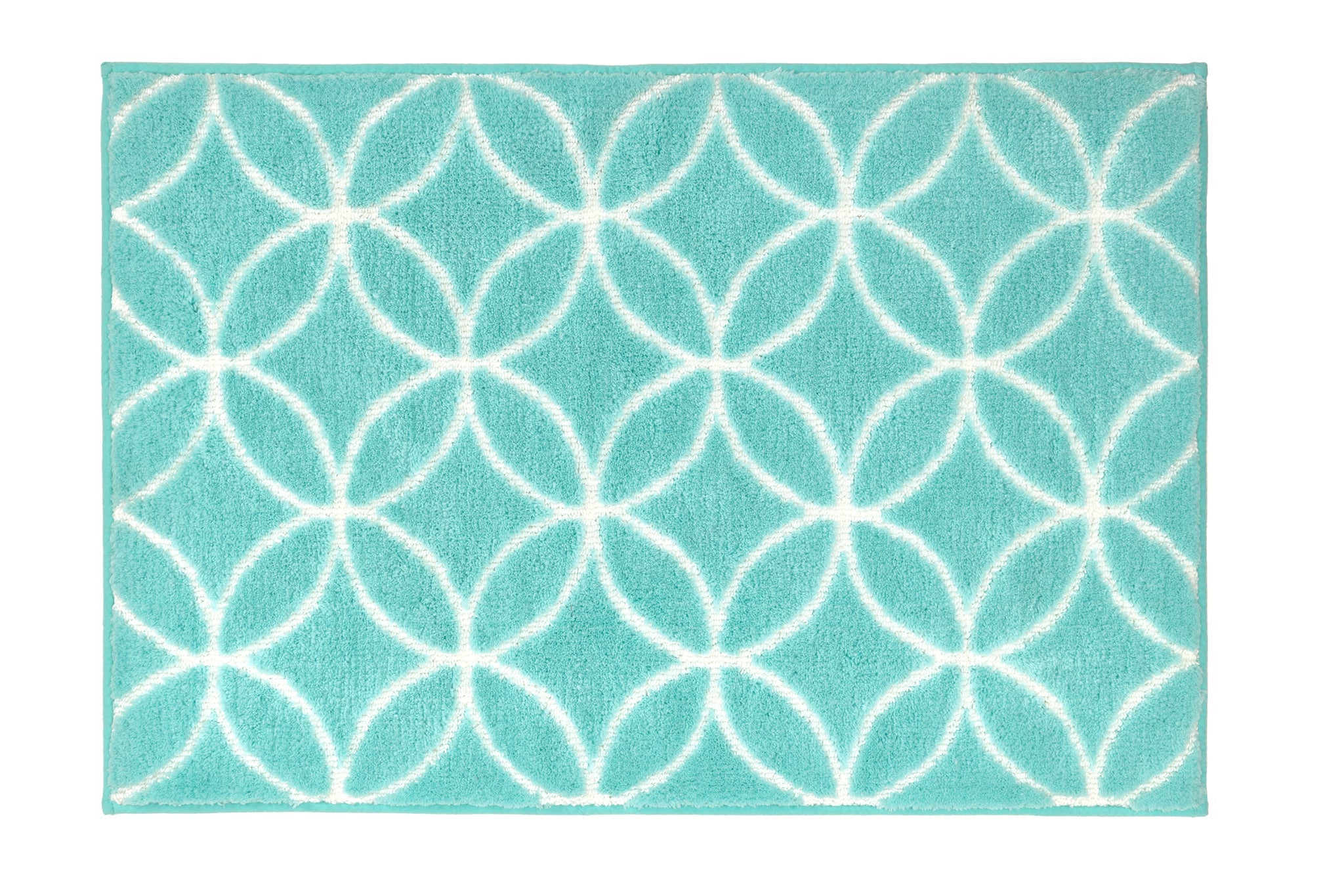 Türkisfarbener Badteppich mit weißem, geometrischem Muster oben