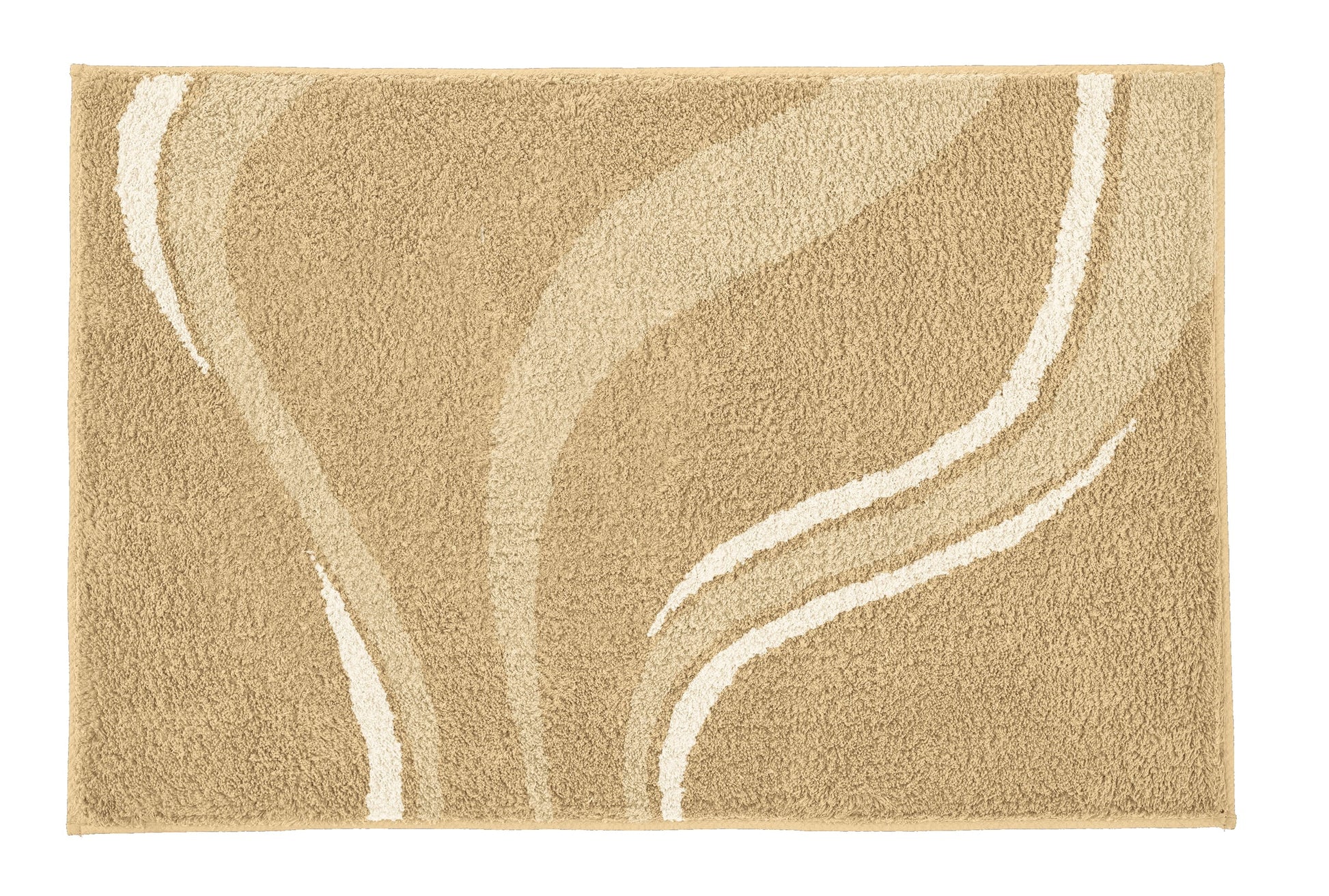 Badteppich VENTO Bahamabeige 55 x 65 cm liegt mit geschwungenem Muster auf hellem Boden.