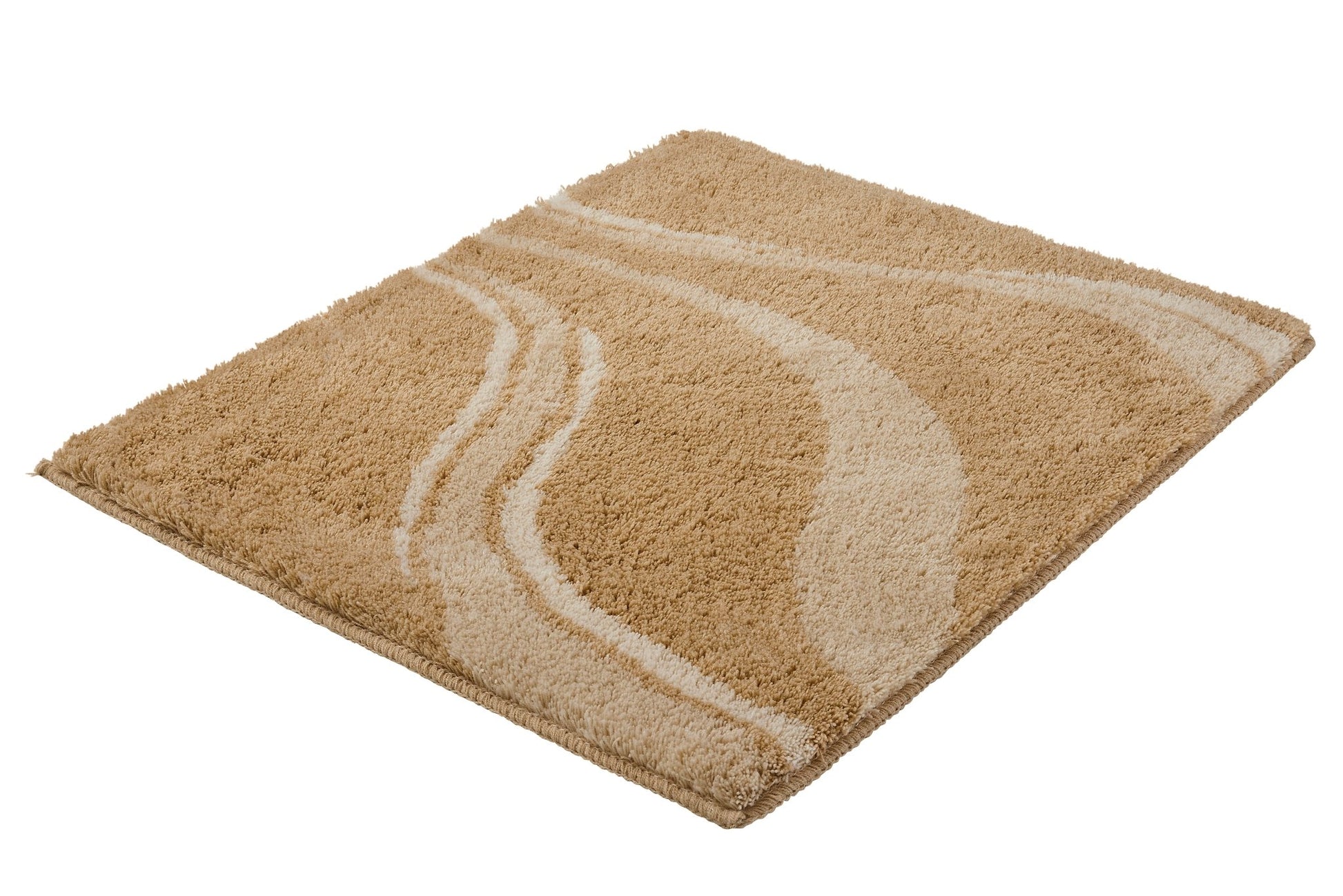 Badteppich VENTO Bahamabeige 55 x 65 cm liegt flach mit Wellenmuster auf weißem Hintergrund.