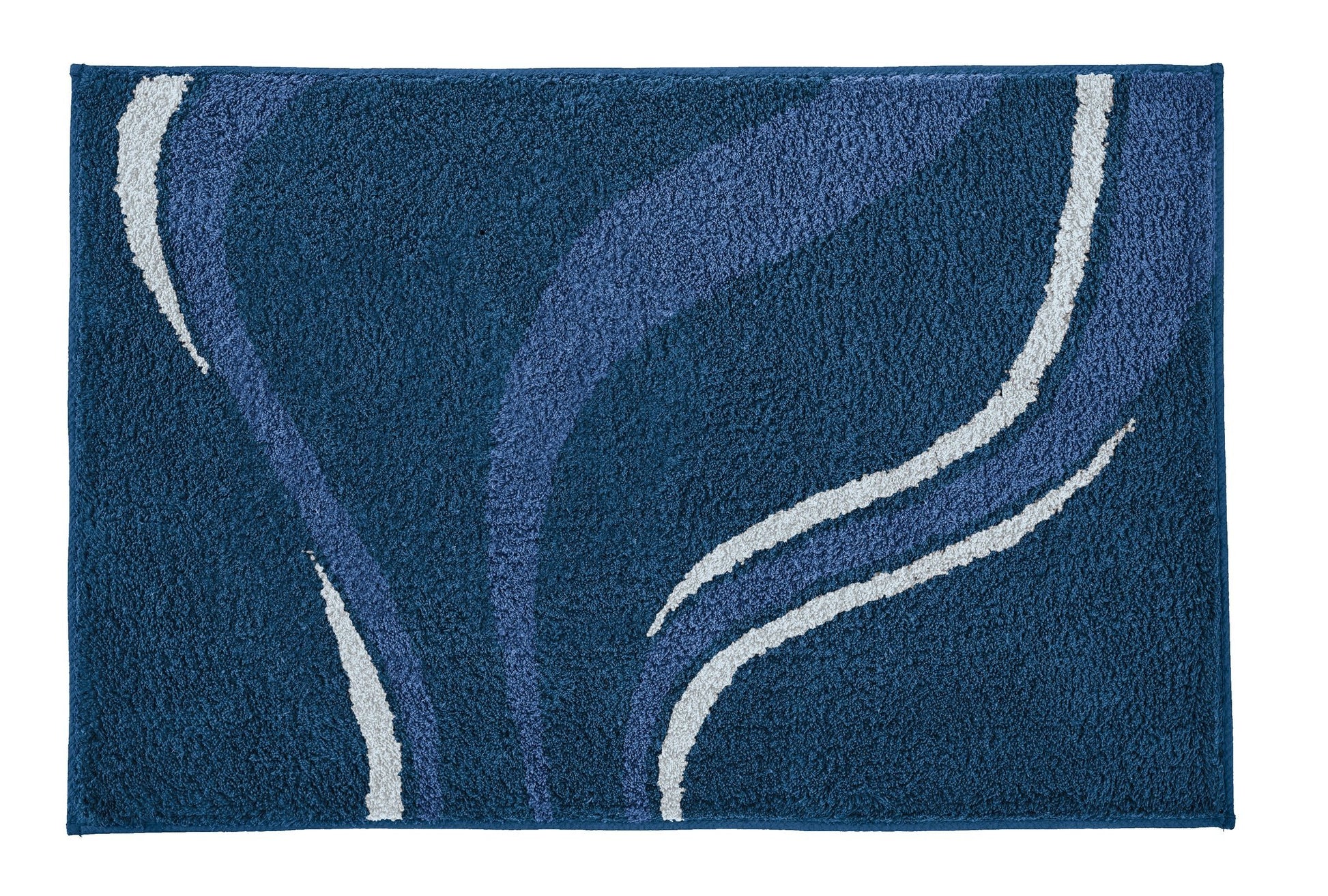 Badteppich VENTO Mare in Dunkelblau mit hellblauen und weißen Wellenlinien wird von oben gezeigt.