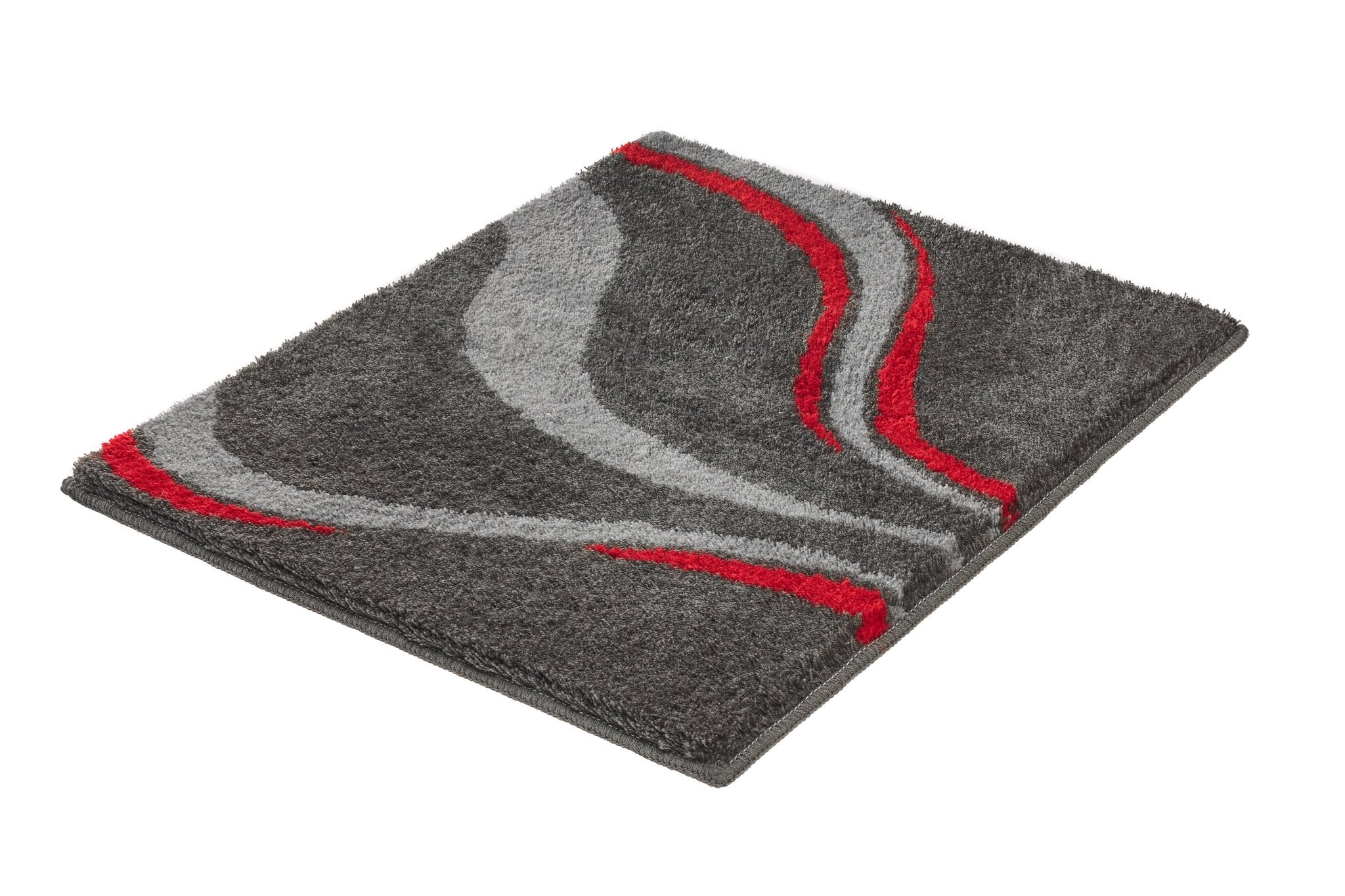 Badteppich VENTO Schiefer 55 x 65 cm mit grauen und roten Wellen liegt auf dem Boden.