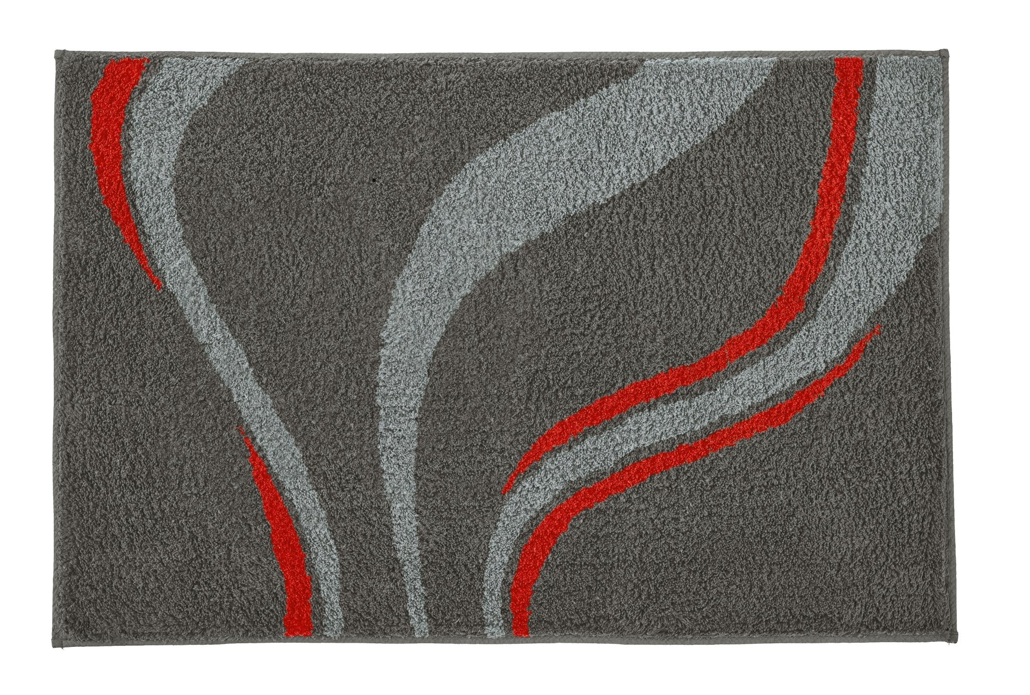 Badteppich VENTO Schiefer 60 x 90 cm mit grauen und roten Wellen ist vollständig von oben zu sehen.