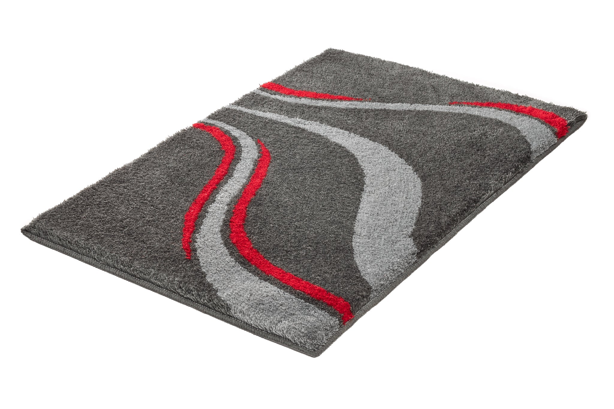 Badteppich VENTO Schiefer 60 x 90 cm mit grauen und roten Wellen liegt auf weißem Hintergrund.
