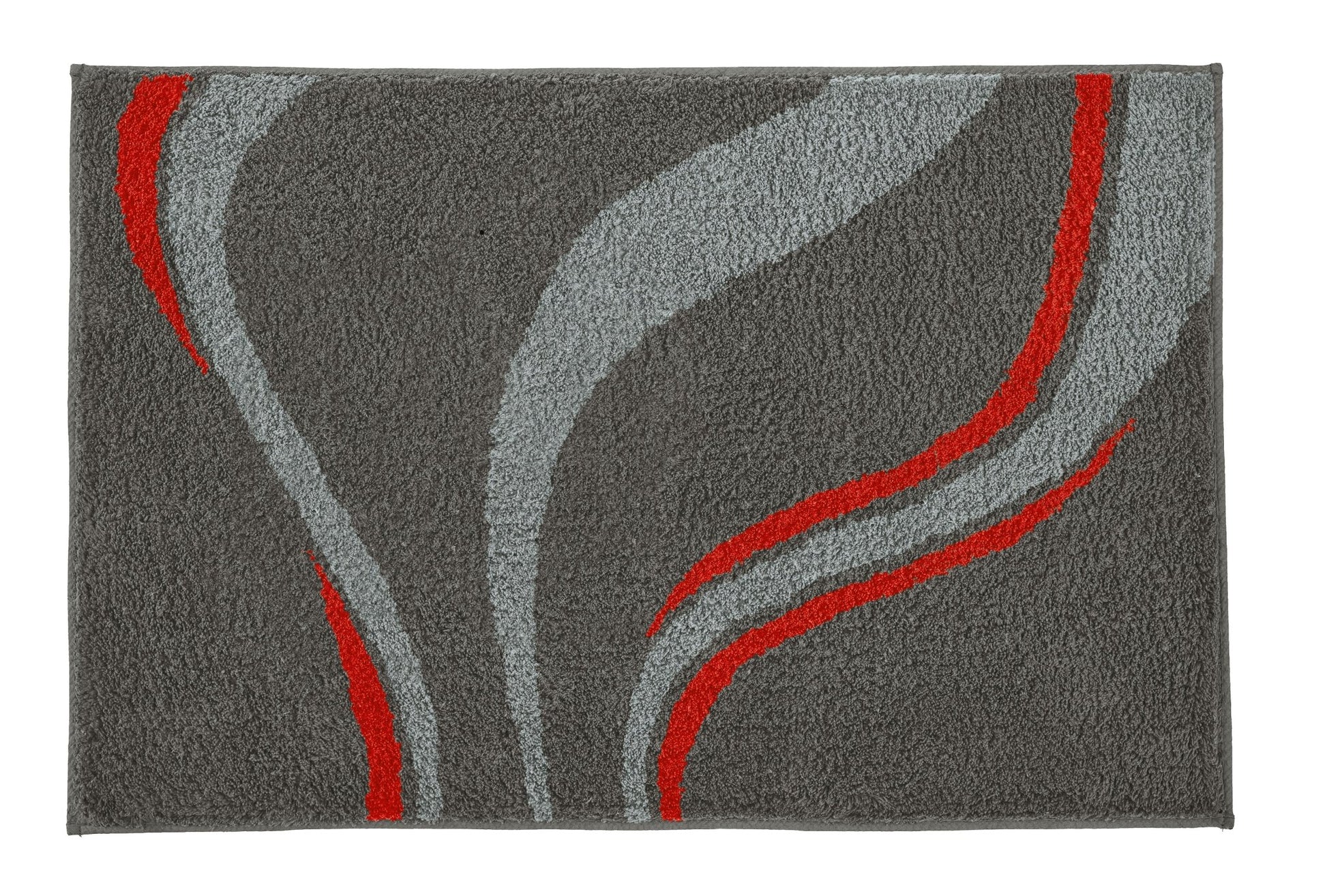 Badteppich VENTO Schiefer 70 x 120 cm mit grauen und roten geschwungenen Linien liegt auf dem Boden.