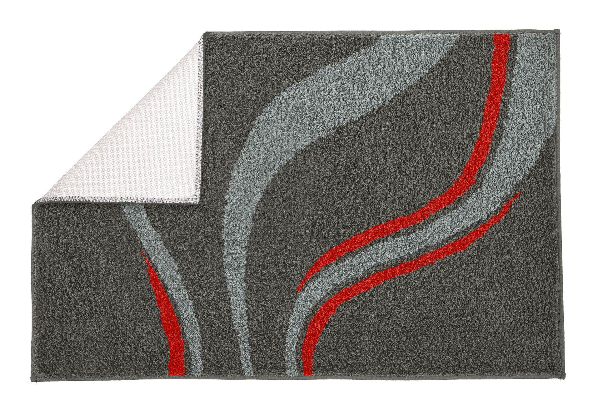 Badteppich VENTO Schiefer 70 x 120 cm zeigt graue und rote geschwungene Linien auf grauer Fläche.