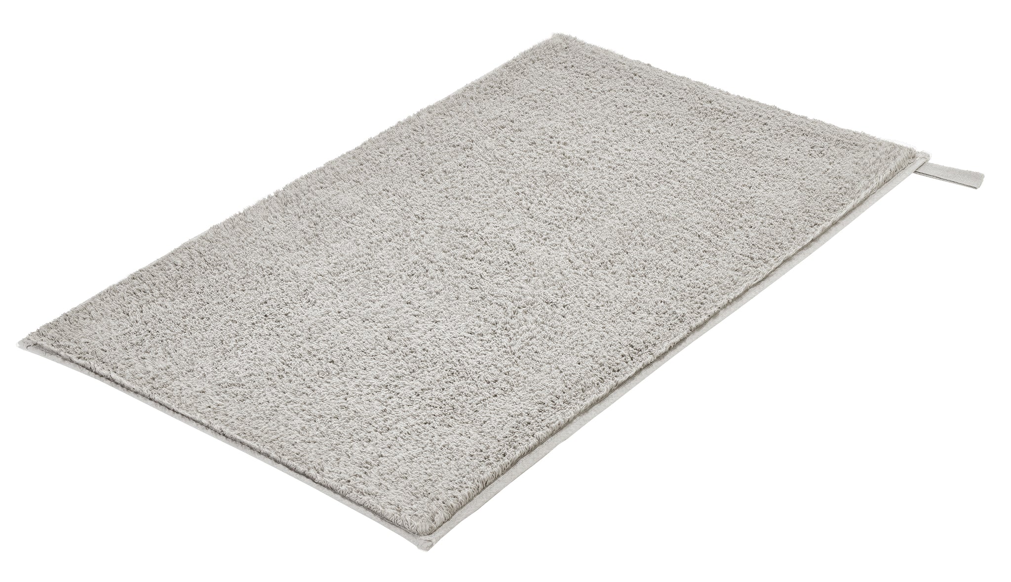 Rechteckiger Badteppich VITA in Platinfarben mit Schlaufe, Größe 50 x 80 cm, liegt flach auf dem Boden.
