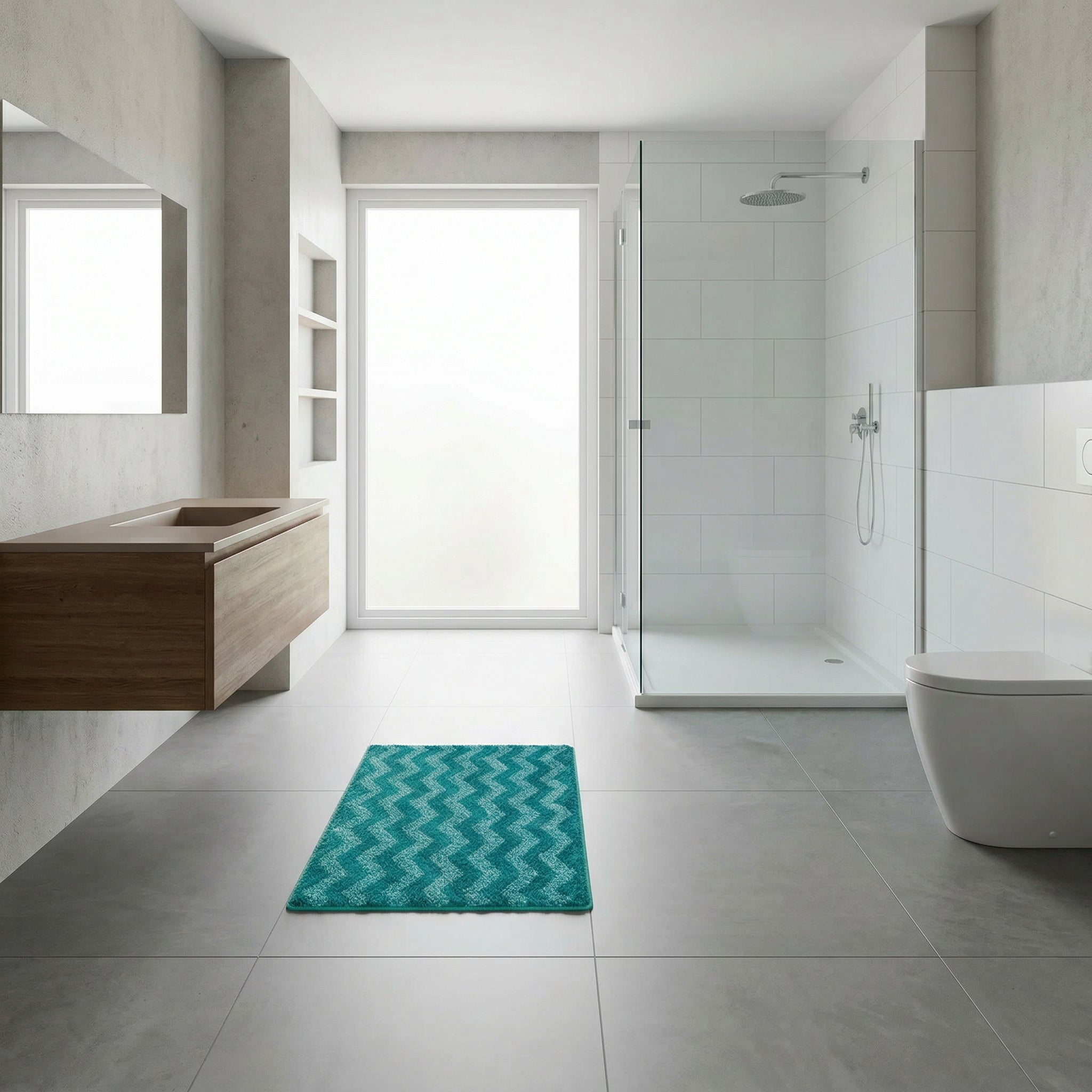 Modernes Bad mit Glasdusche, Wand-WC, Holzwaschtisch und grüner Badematte