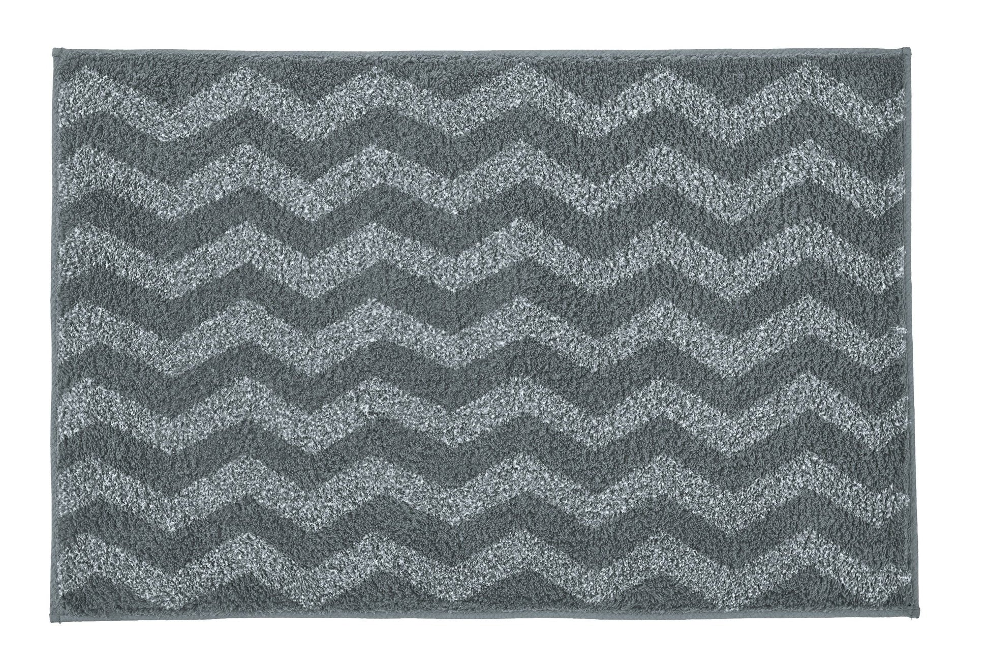 Badteppich ZACK Schiefer 60x90 cm mit grauem Zickzackmuster liegt flach ausgebreitet.