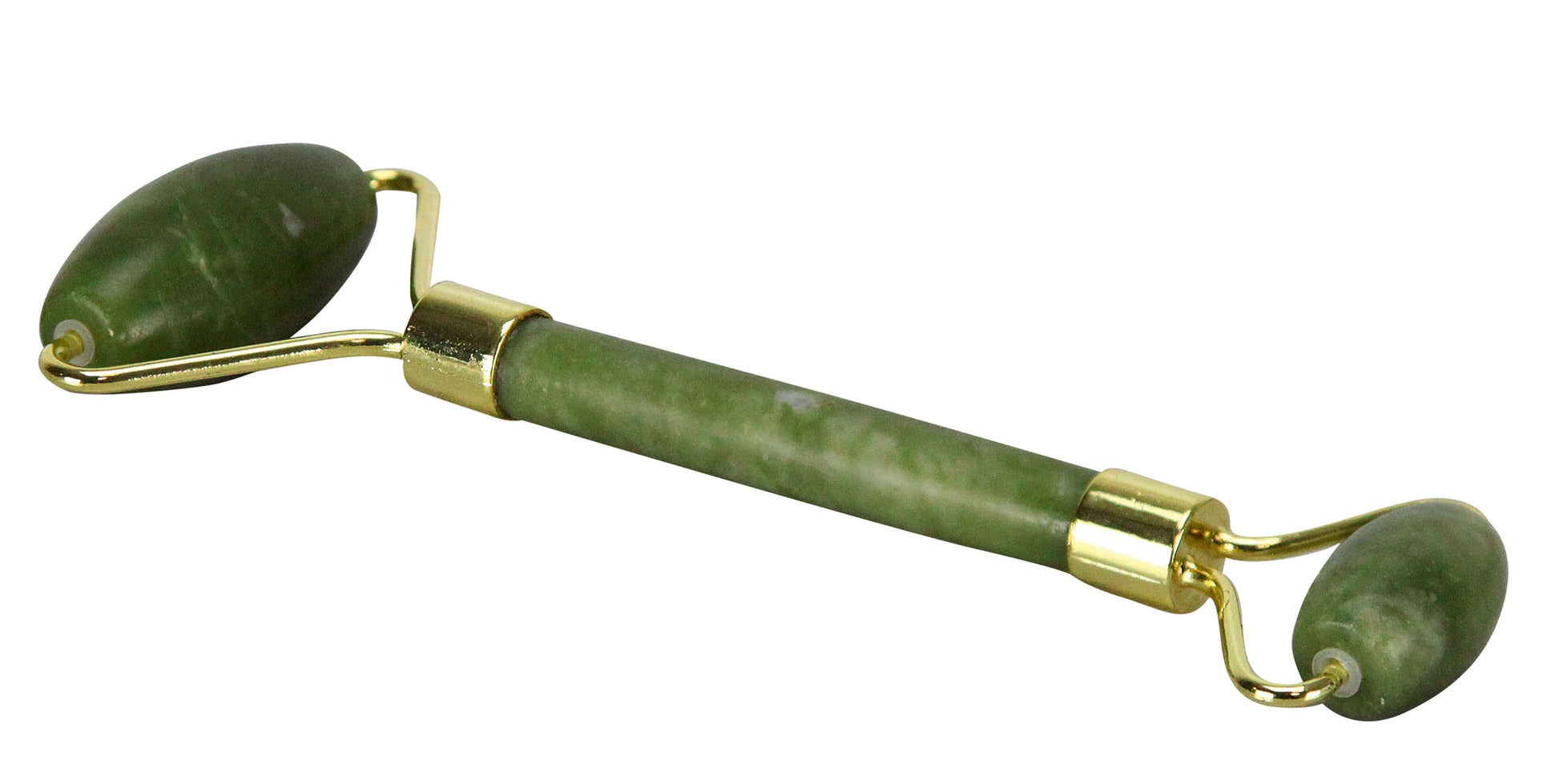 Beauty Roller BEAUTY ROLLER Jade M liegt freigestellt und zeigt beide Jadesteine mit goldenen Halterungen.