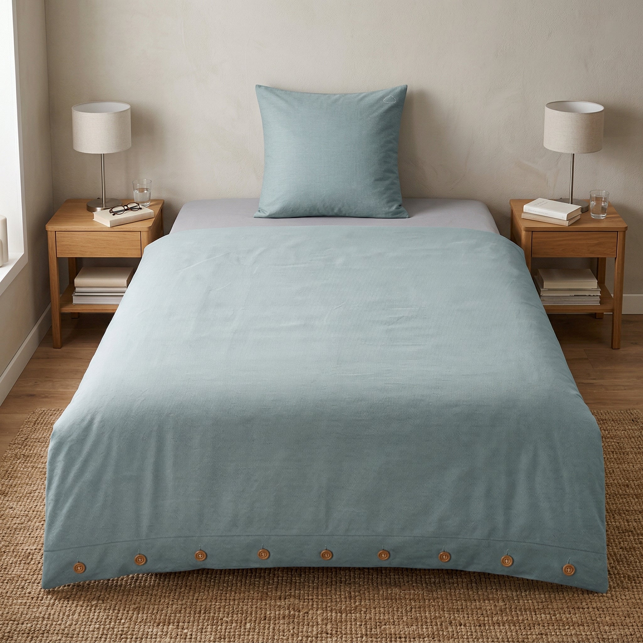 Hellblaue Bettwäsche mit Kissen auf gemachtem Bett im Schlafzimmer.