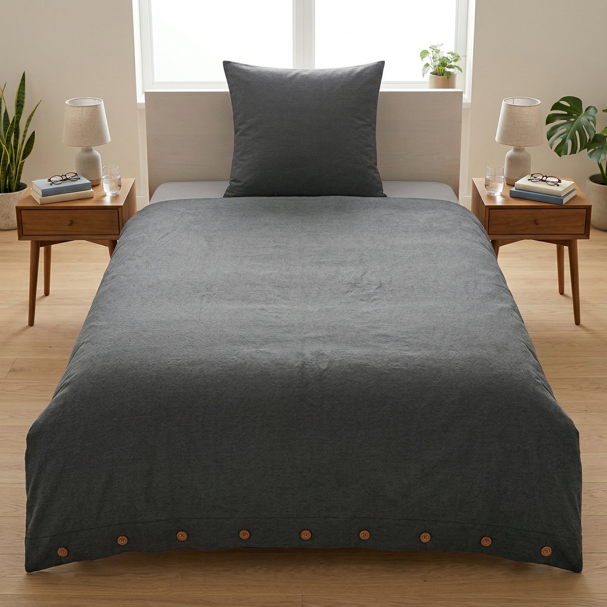 Dunkelgraue Bettwäsche mit Kissen auf modern gemachtem Bett.