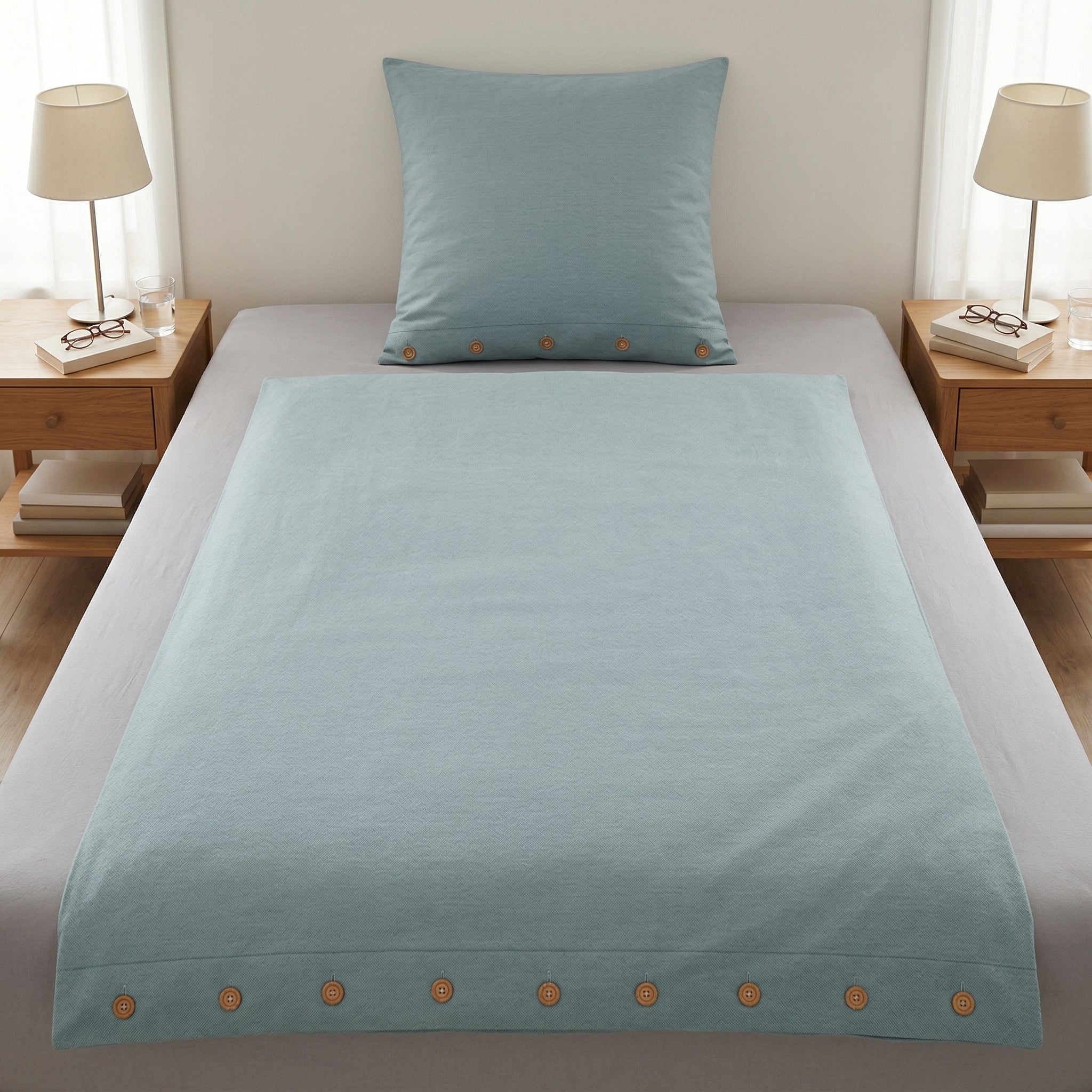 Hellblaue Bettwäsche mit Knopfleiste auf einem stilvollen Bett.