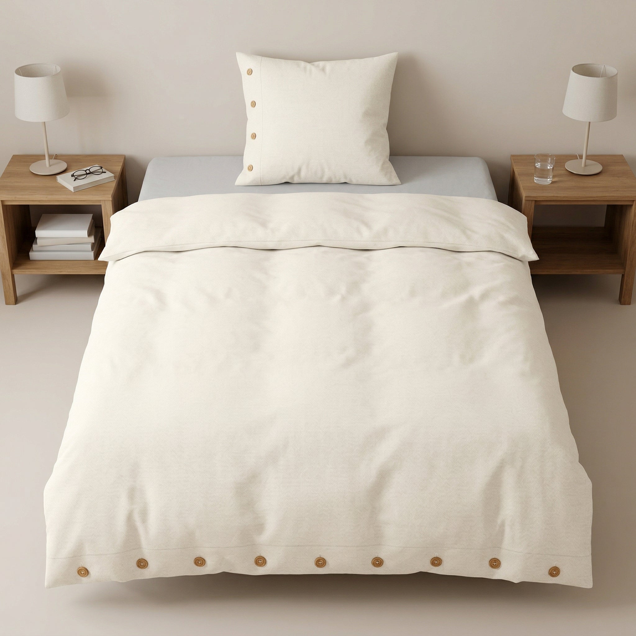 Cremefarbene Bettwäsche mit Knopfleiste auf einem Bett.
