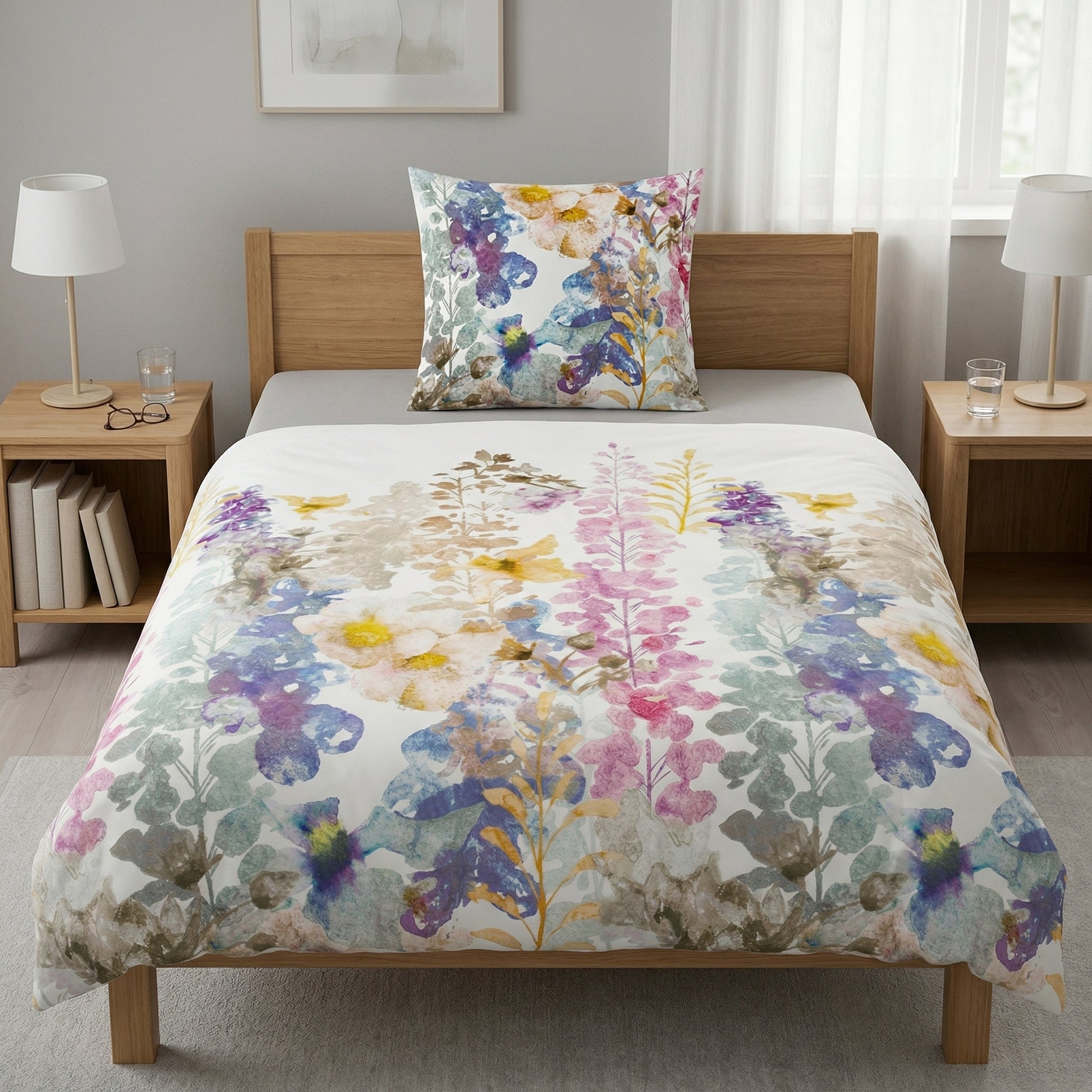 Bettwäsche mit buntem Aquarell-Blumenmuster im hellen Schlafzimmer.