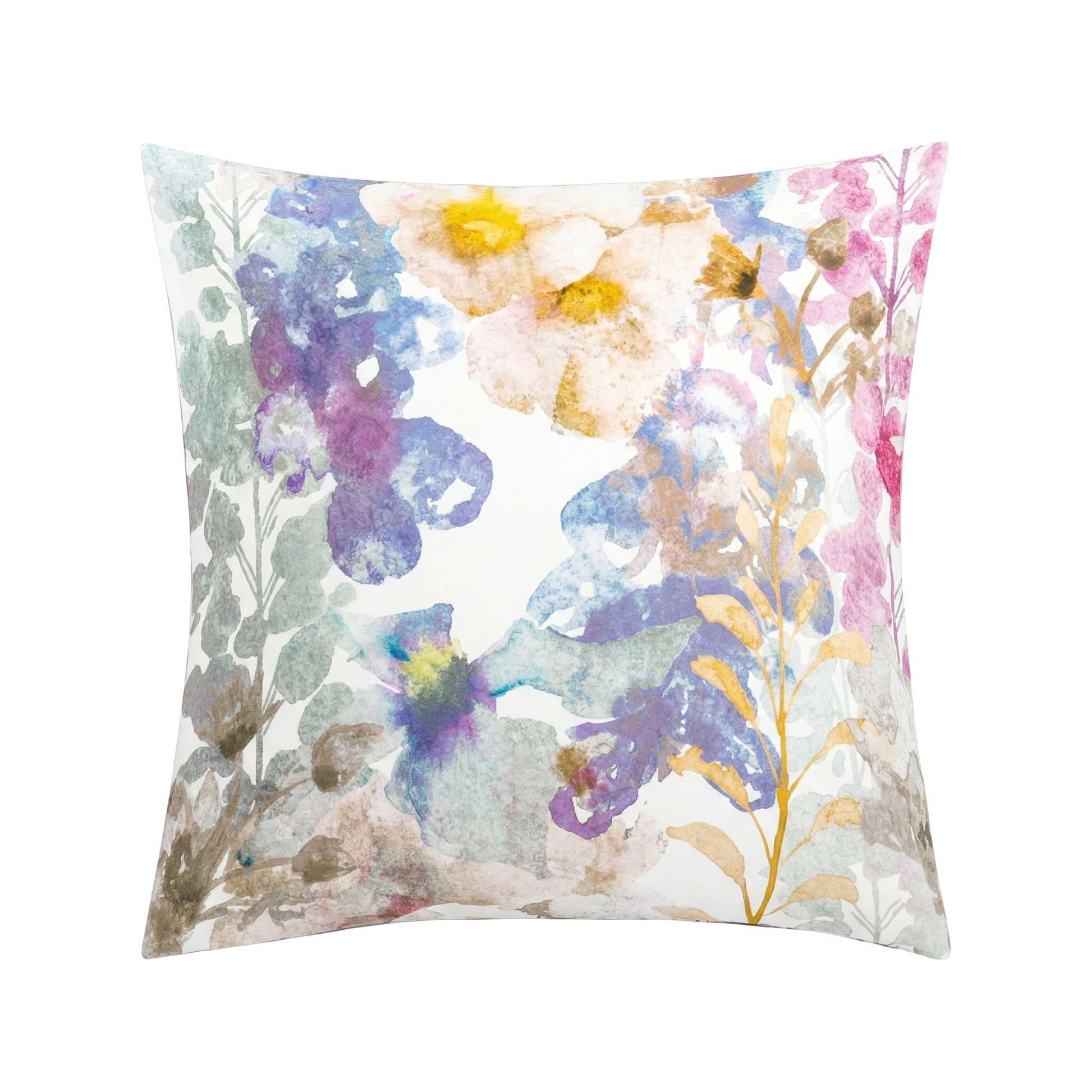 Weißer Kopfkissenüberzug mit floralem Aquarellmuster in Blau.