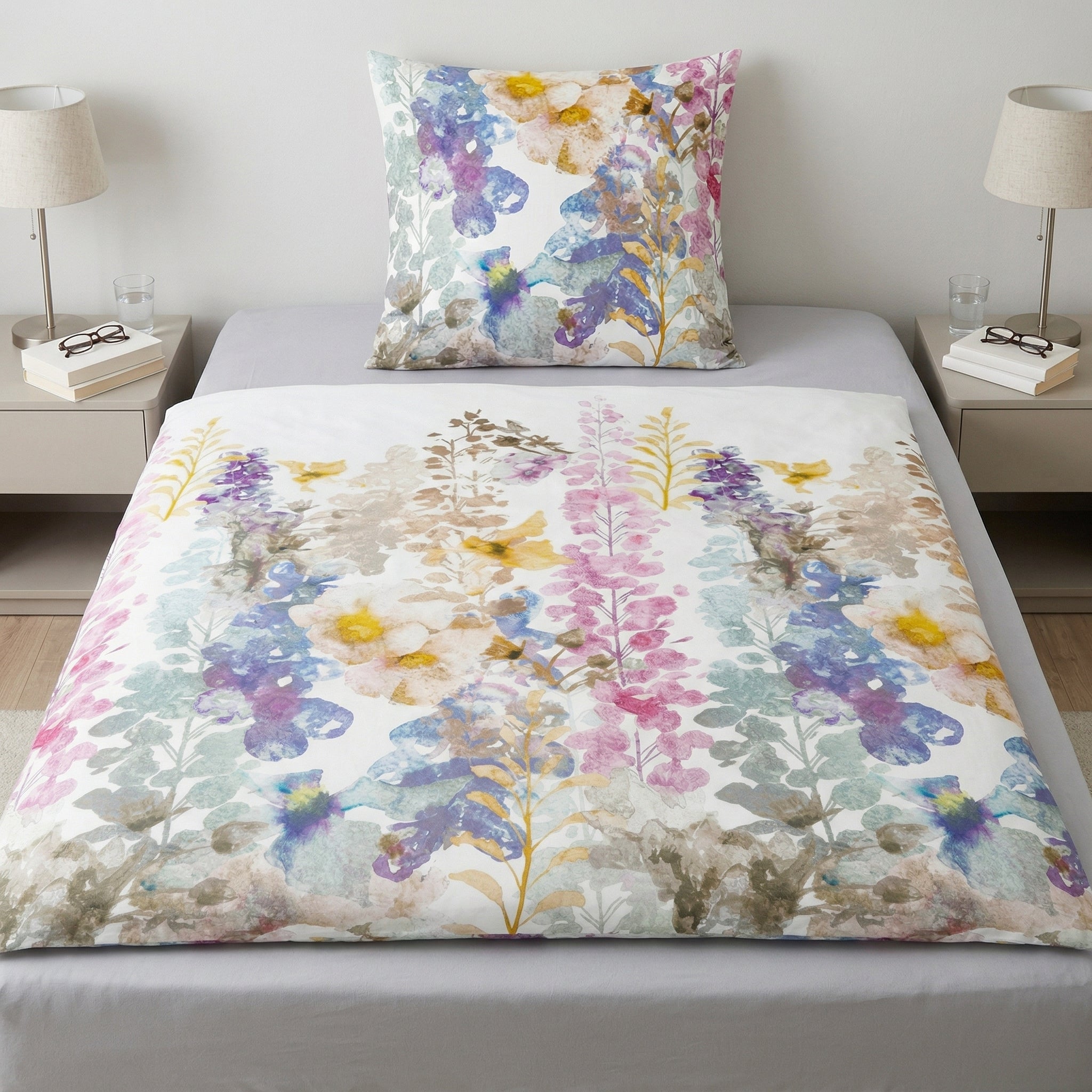 Blumige Bettwäsche mit Kissenbezug im hellen Schlafzimmer arrangiert.