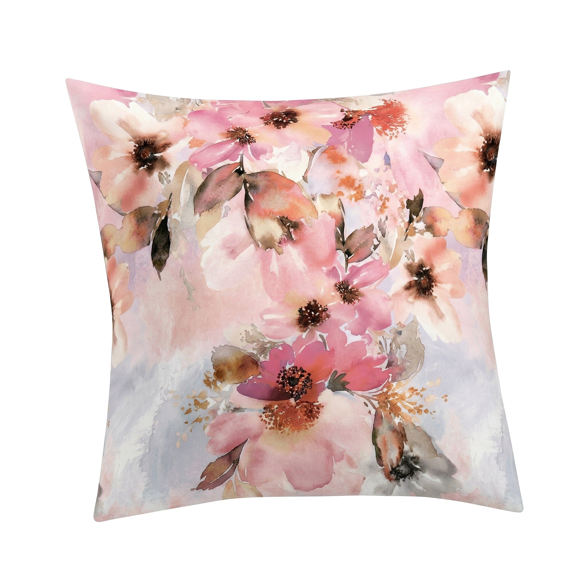 Kopfkissenüberzug mit rosa Aquarellblüten auf hellem Grund.