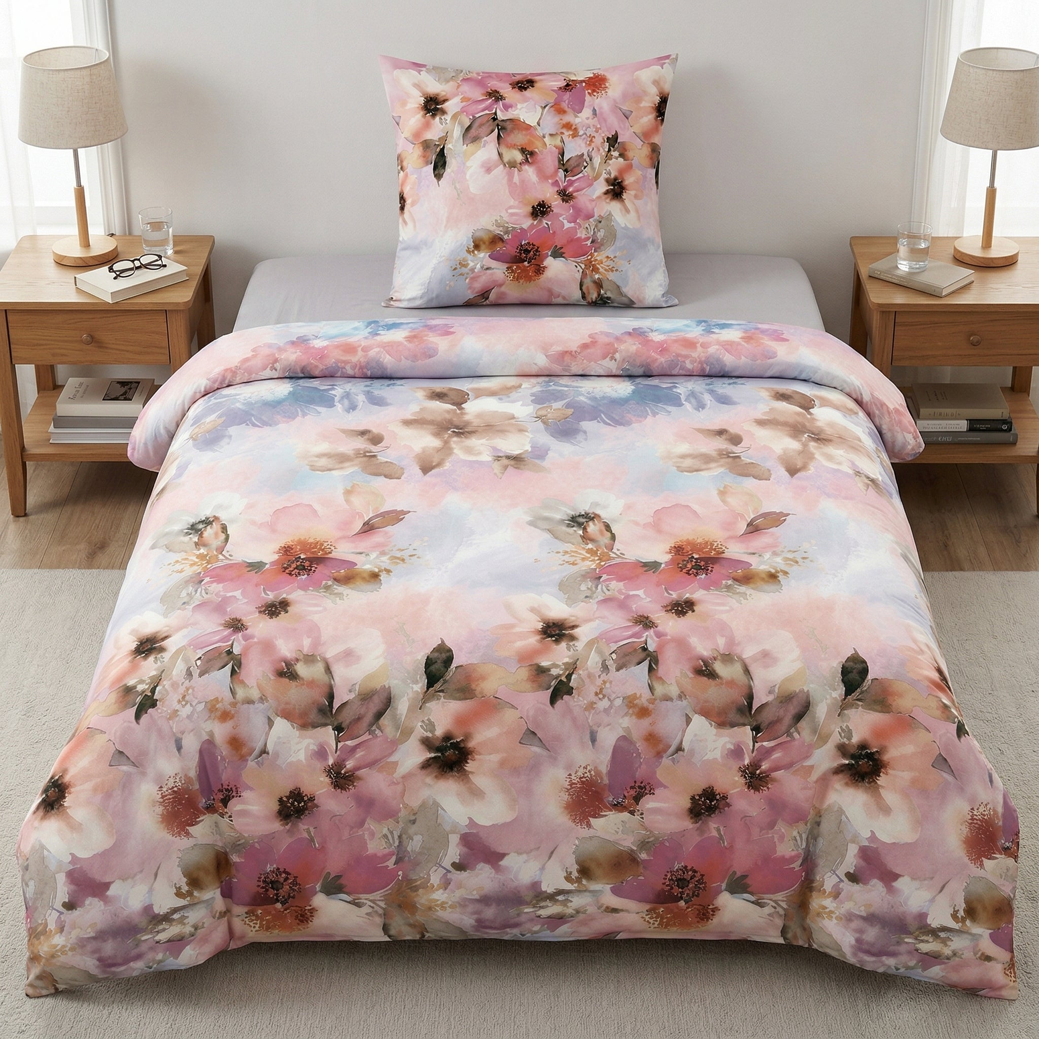 Blumige Bettwäsche in Rosa mit Aquarellmuster im Schlafzimmer.