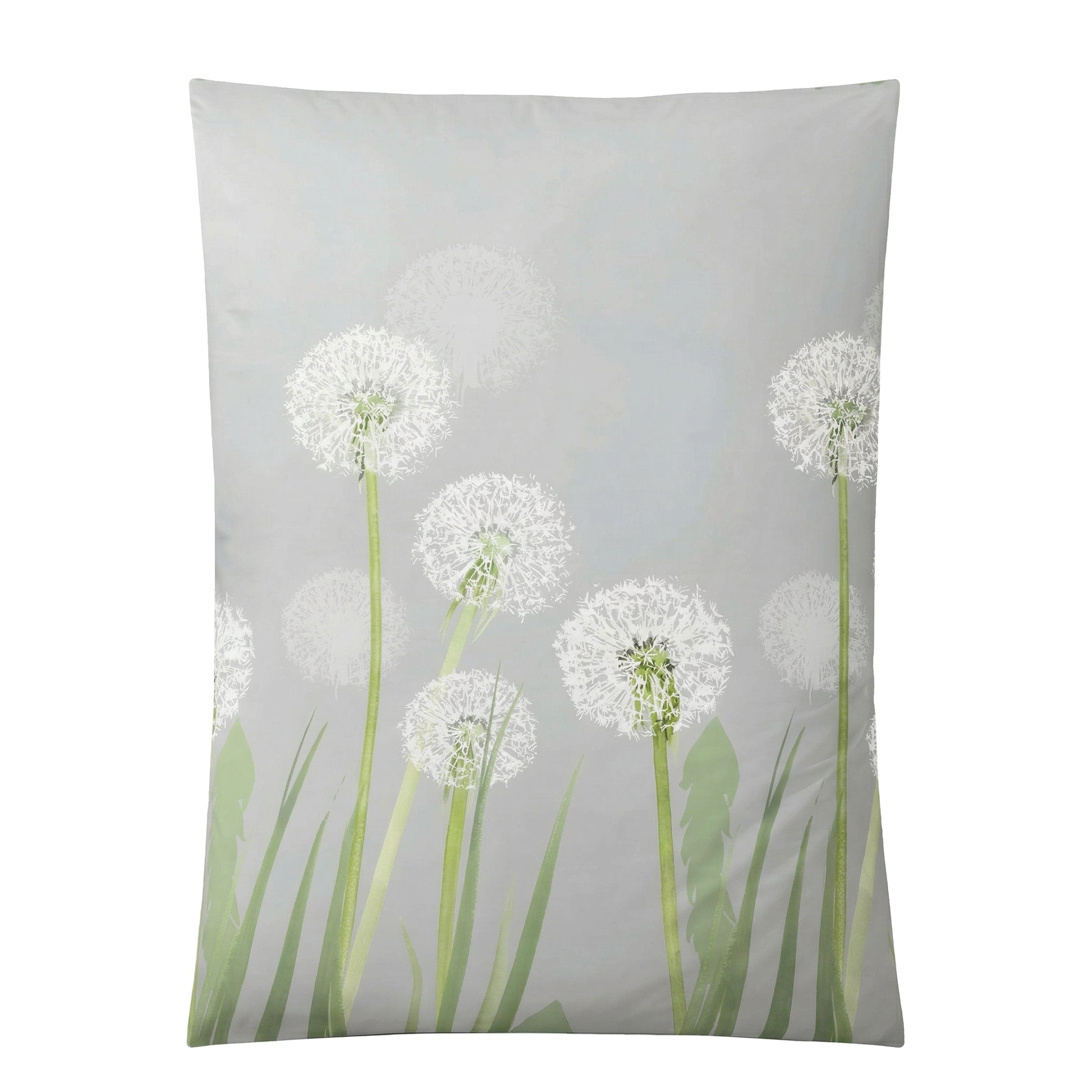 Graue Bettwäsche mit weißen Pusteblumen und grünen Halmen.