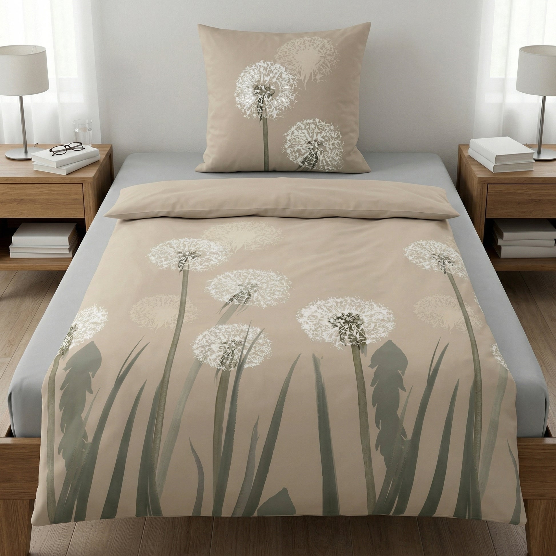 Beige Bettwäsche mit Pusteblumenmotiv auf einem Einzelbett.