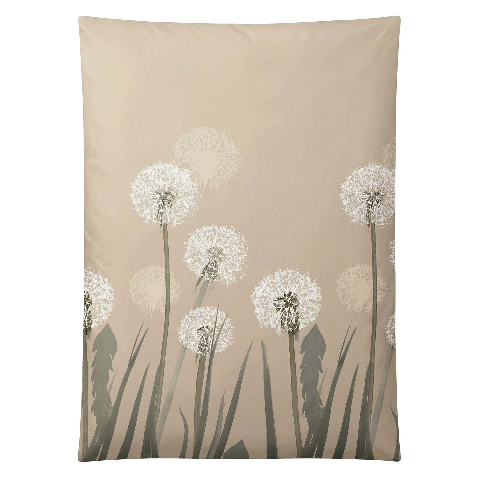 Beige Bettwäsche mit weißen Pusteblumen und grauen Gräsern.