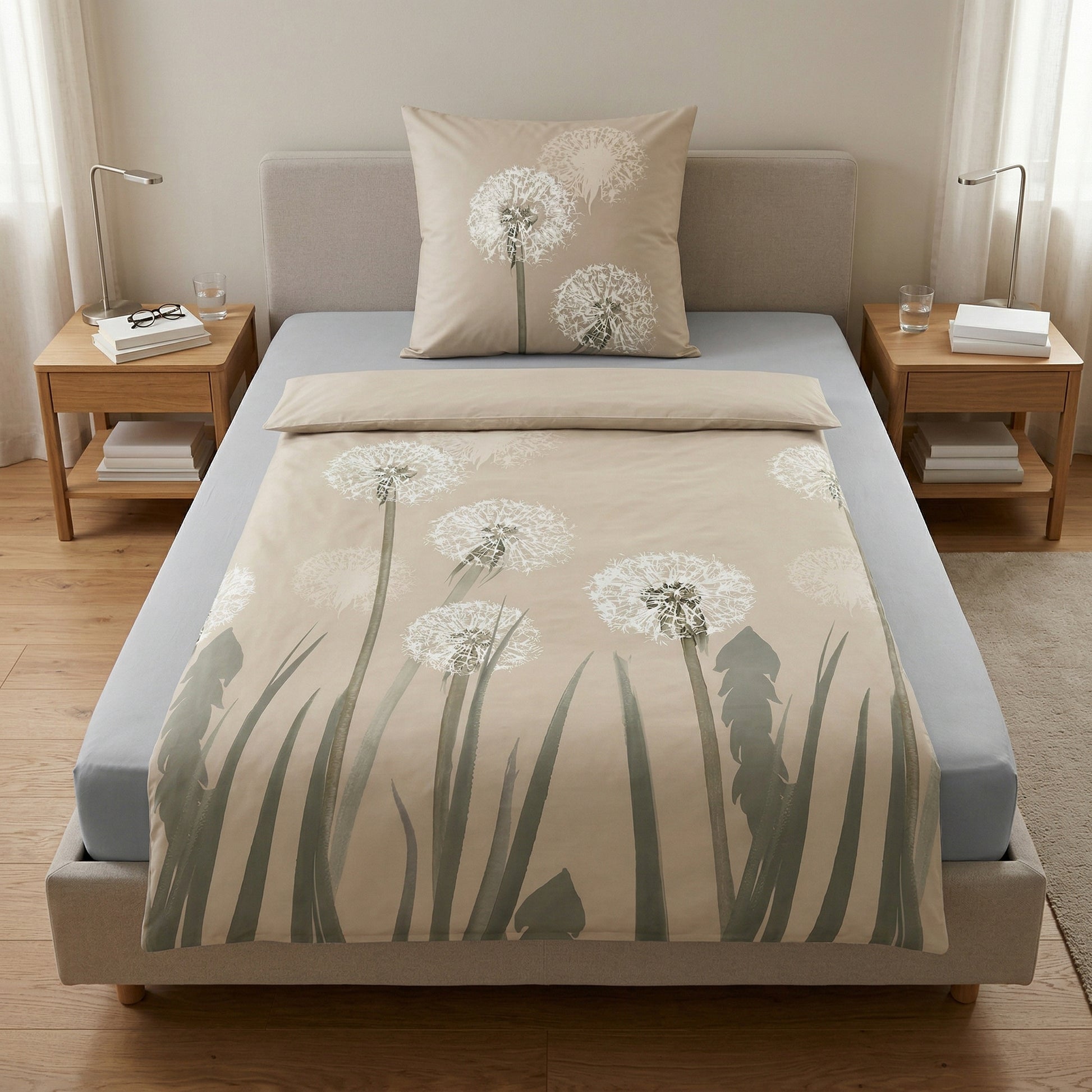 Beige Bettwäsche mit Pusteblumenmotiv auf bezogenem Bett.