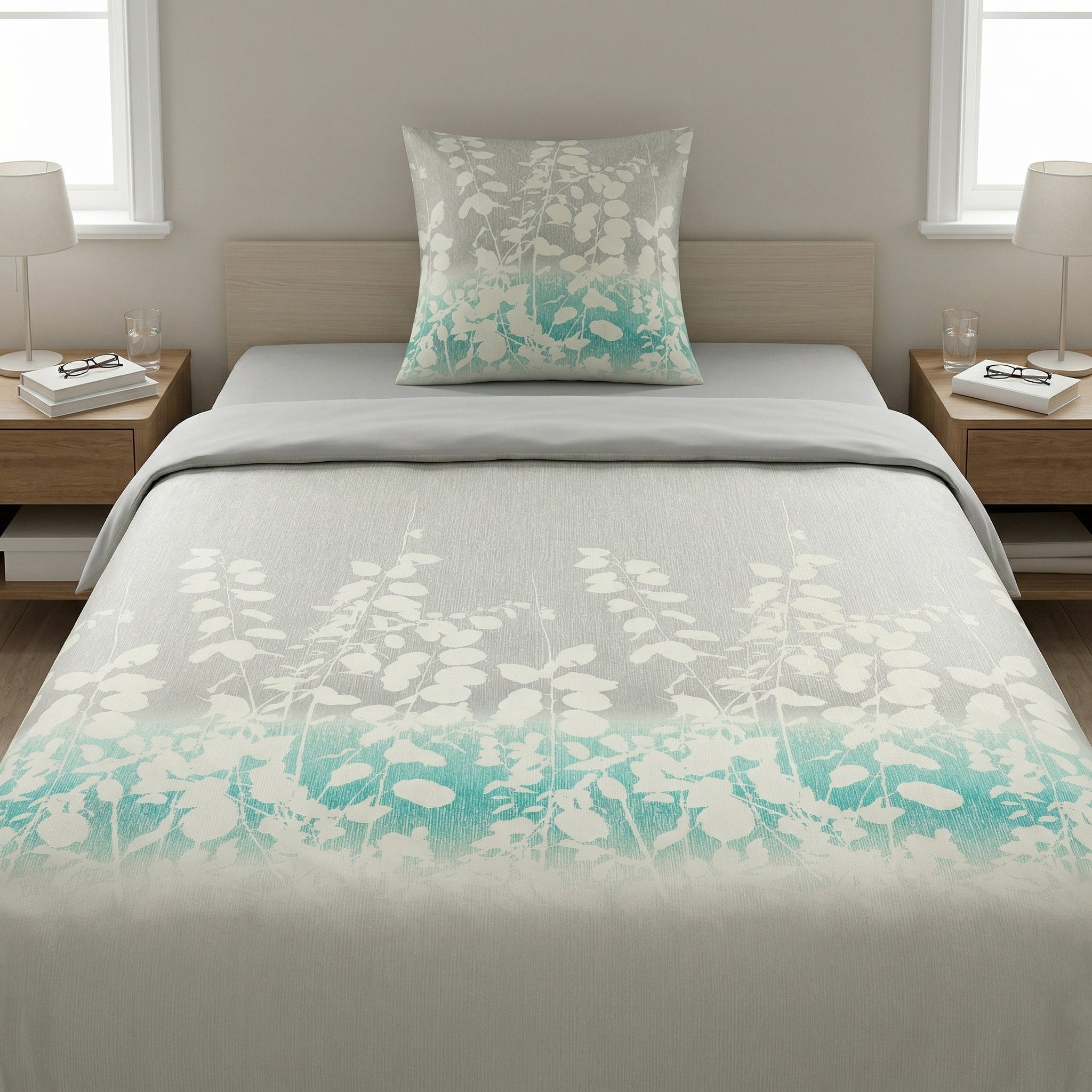 Bettwäsche mit weißem Blättermuster in Grau und Türkis.