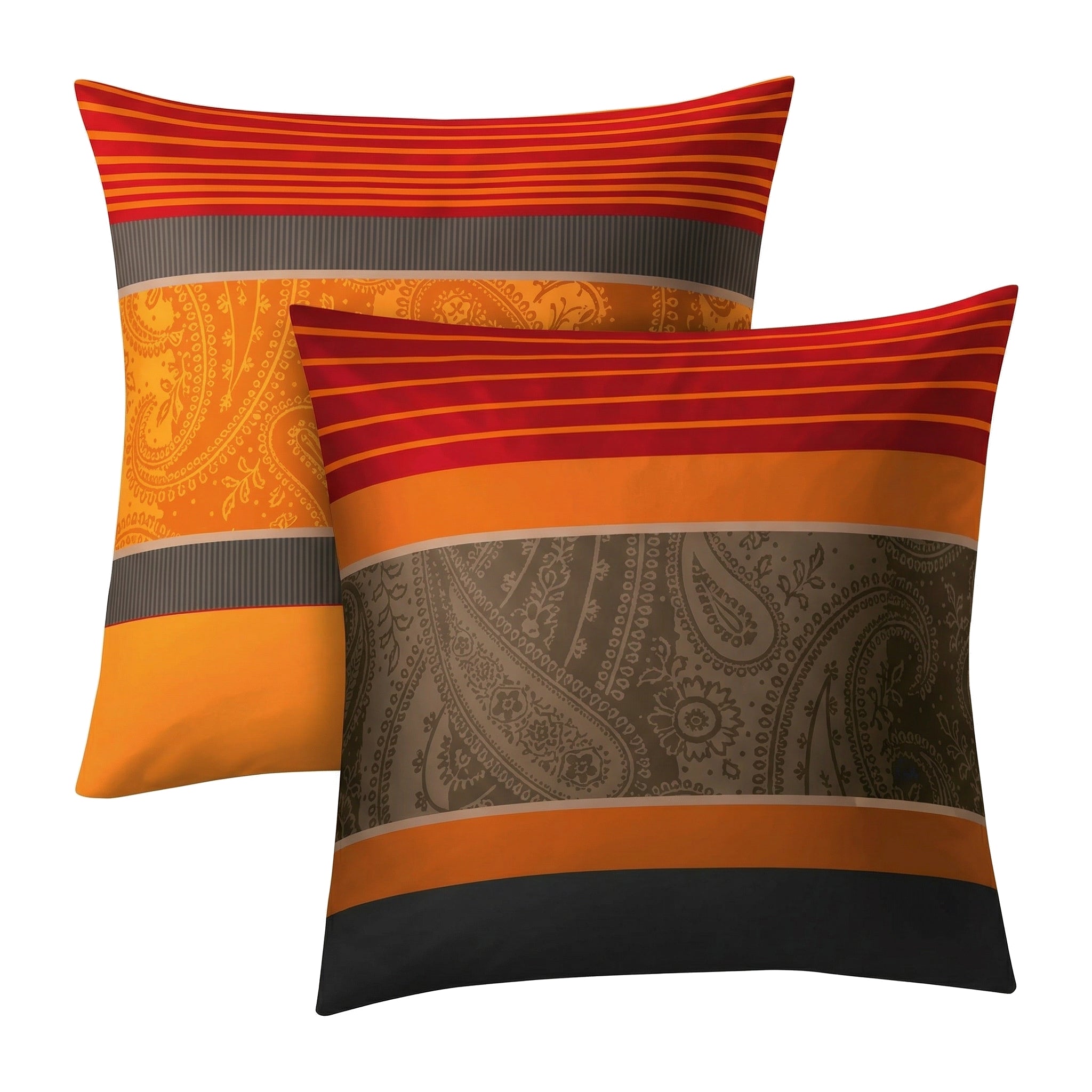 Kopfkissenbezug in Orange-Rot mit Streifen und Paisleymuster.