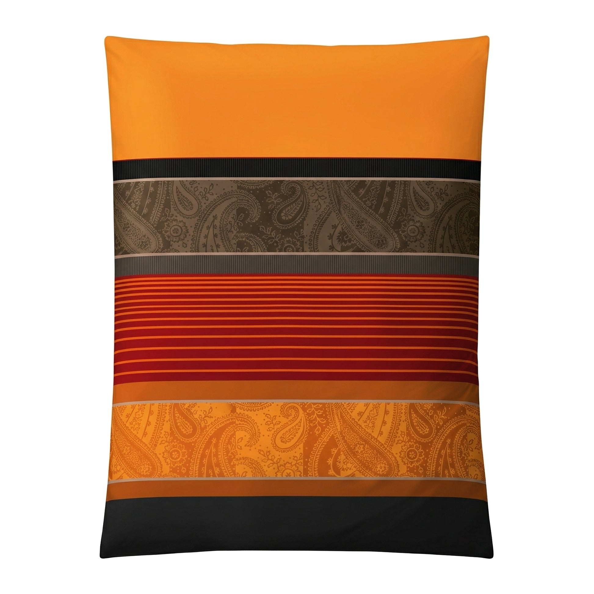 Orange Bettwäsche mit Streifen und Paisleymuster in Braun-Rot.