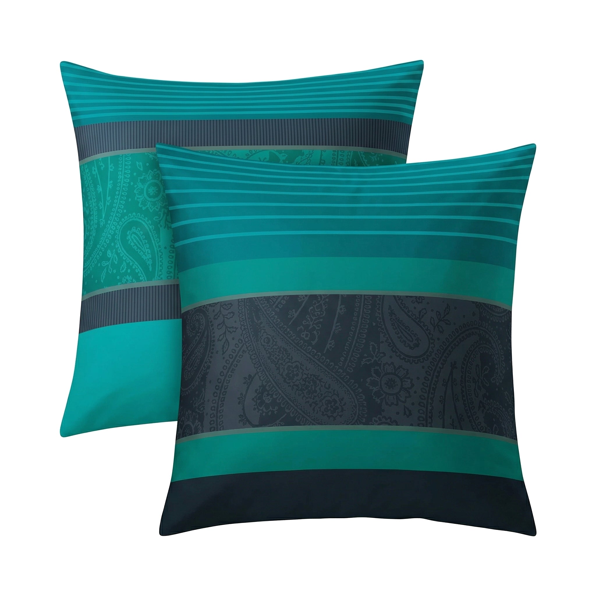 Kopfkissenüberzug in Petrol mit Streifen und Paisley-Muster.