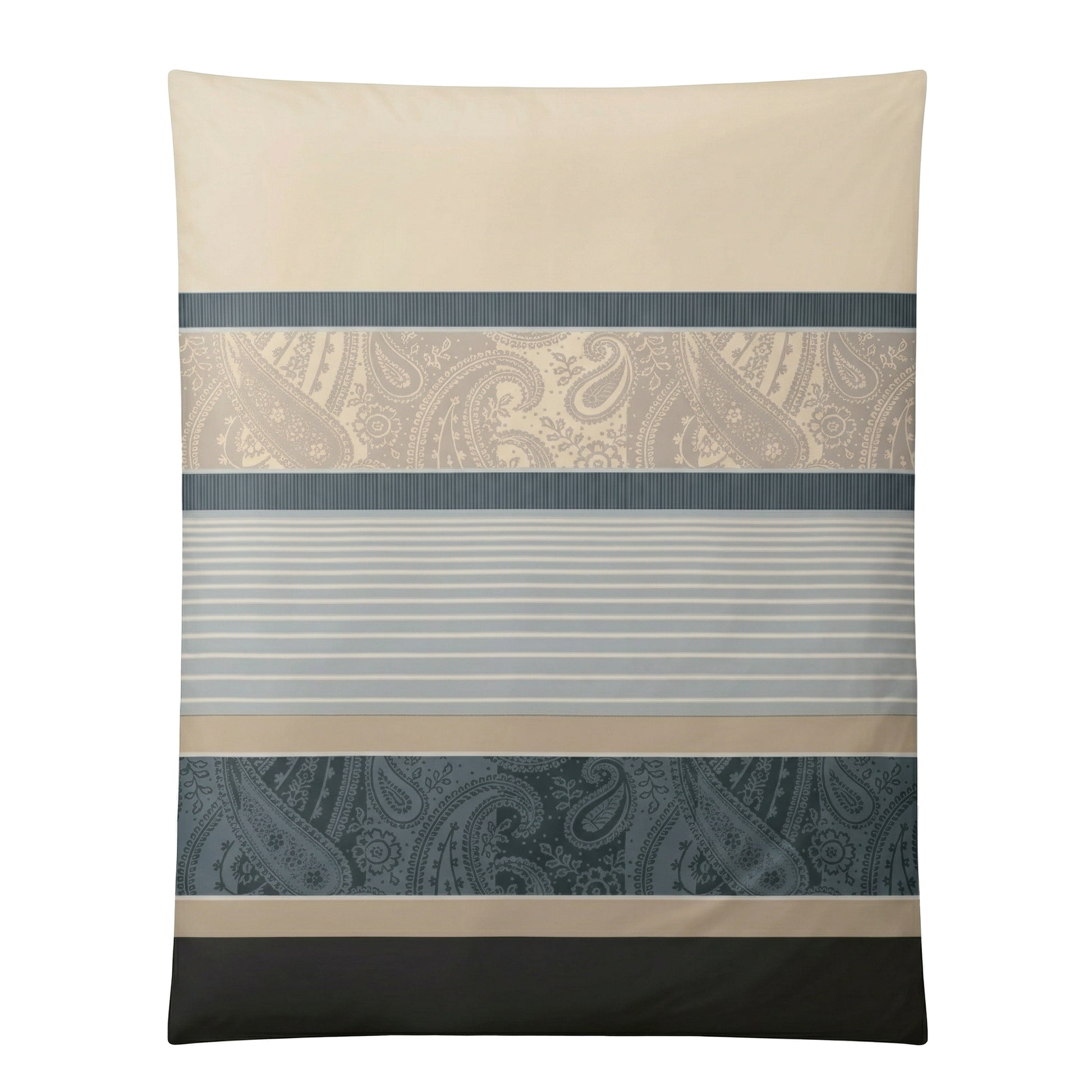 Beige blaue Bettwäsche mit Streifen und Paisleymuster.