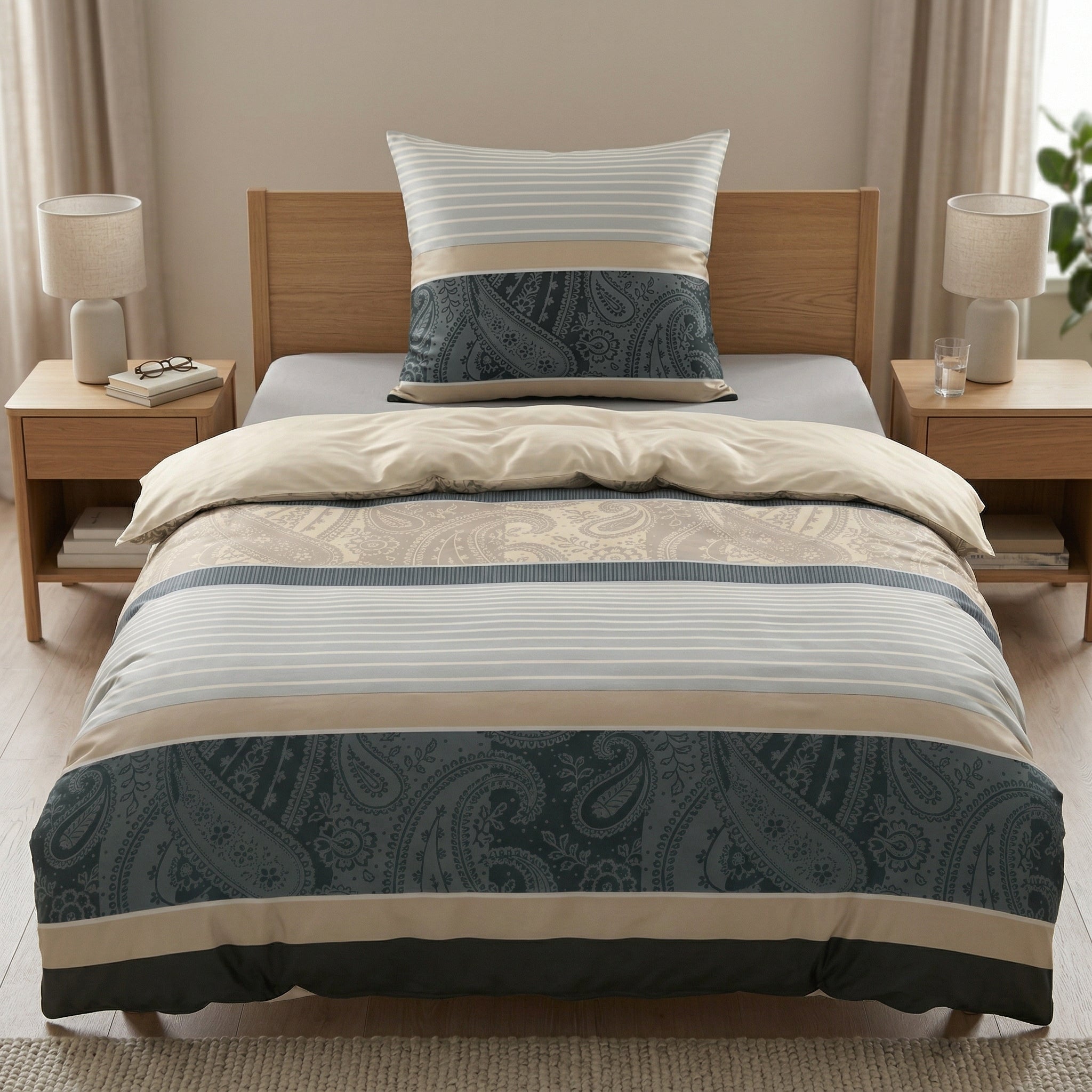Blau-beige Bettwäsche mit Paisley-Muster auf modernem Bett.