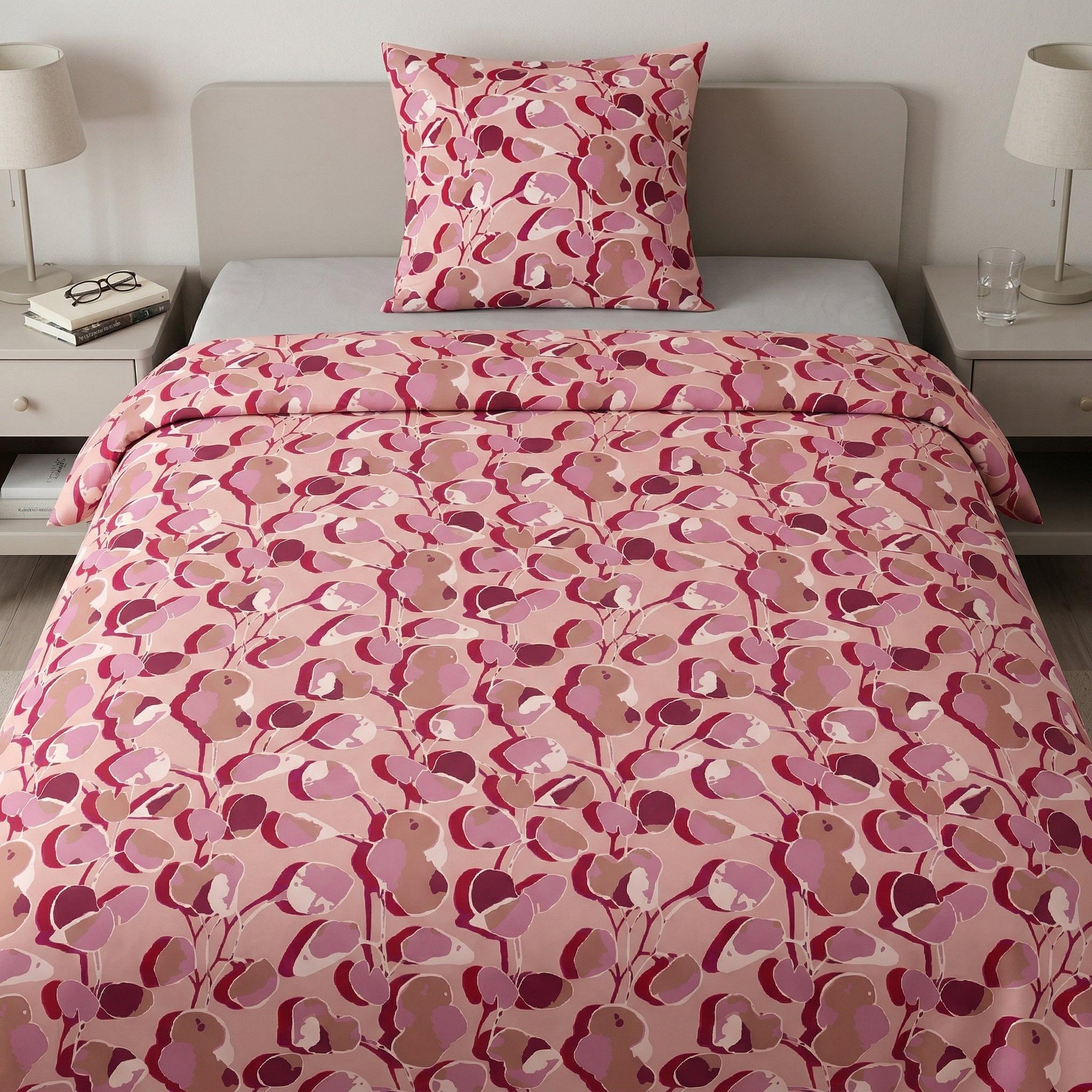 Bettwäsche mit rosa Blumenmuster auf modernem Bett.