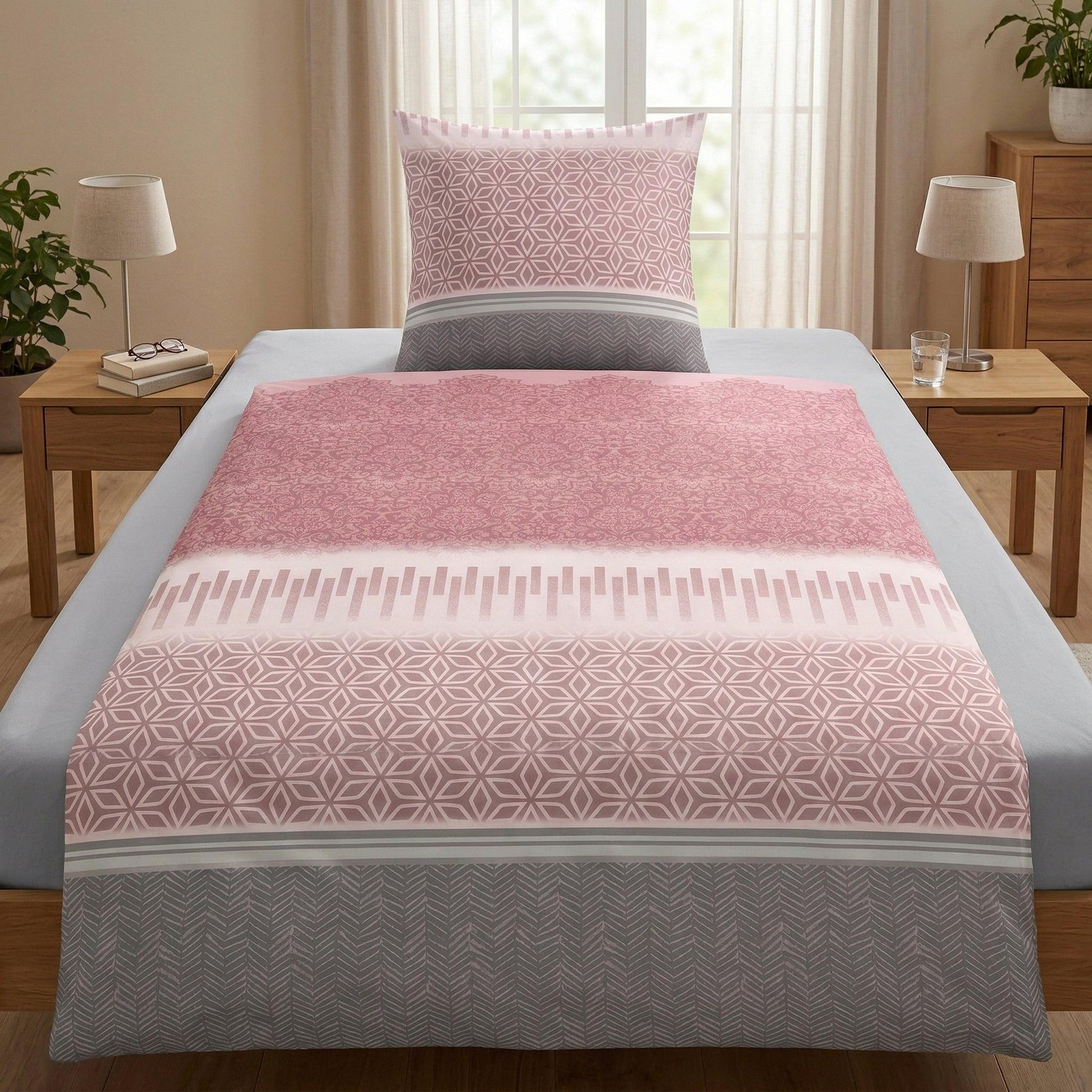 Rosa-graue Bettwäsche mit Muster auf modernem Bett im Schlafzimmer.