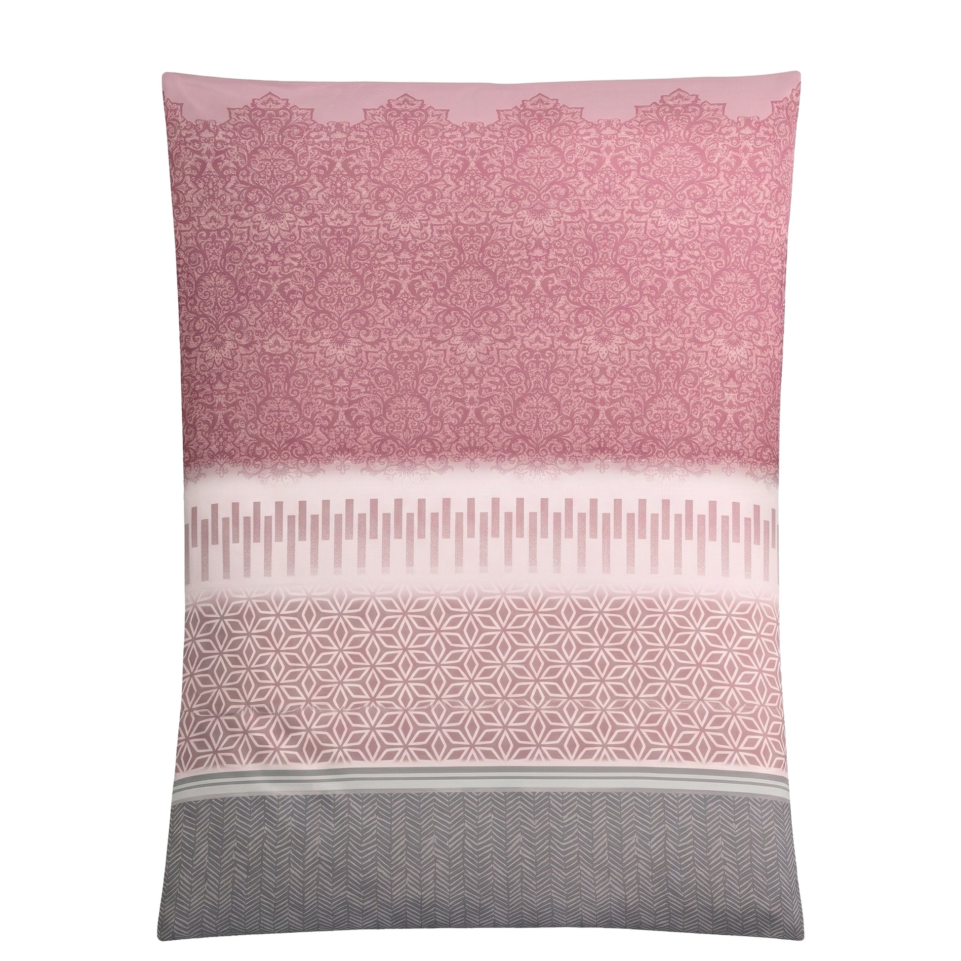 Rosa-graue Bettwäsche mit Ornamenten, Geometrie- und Streifenmuster.