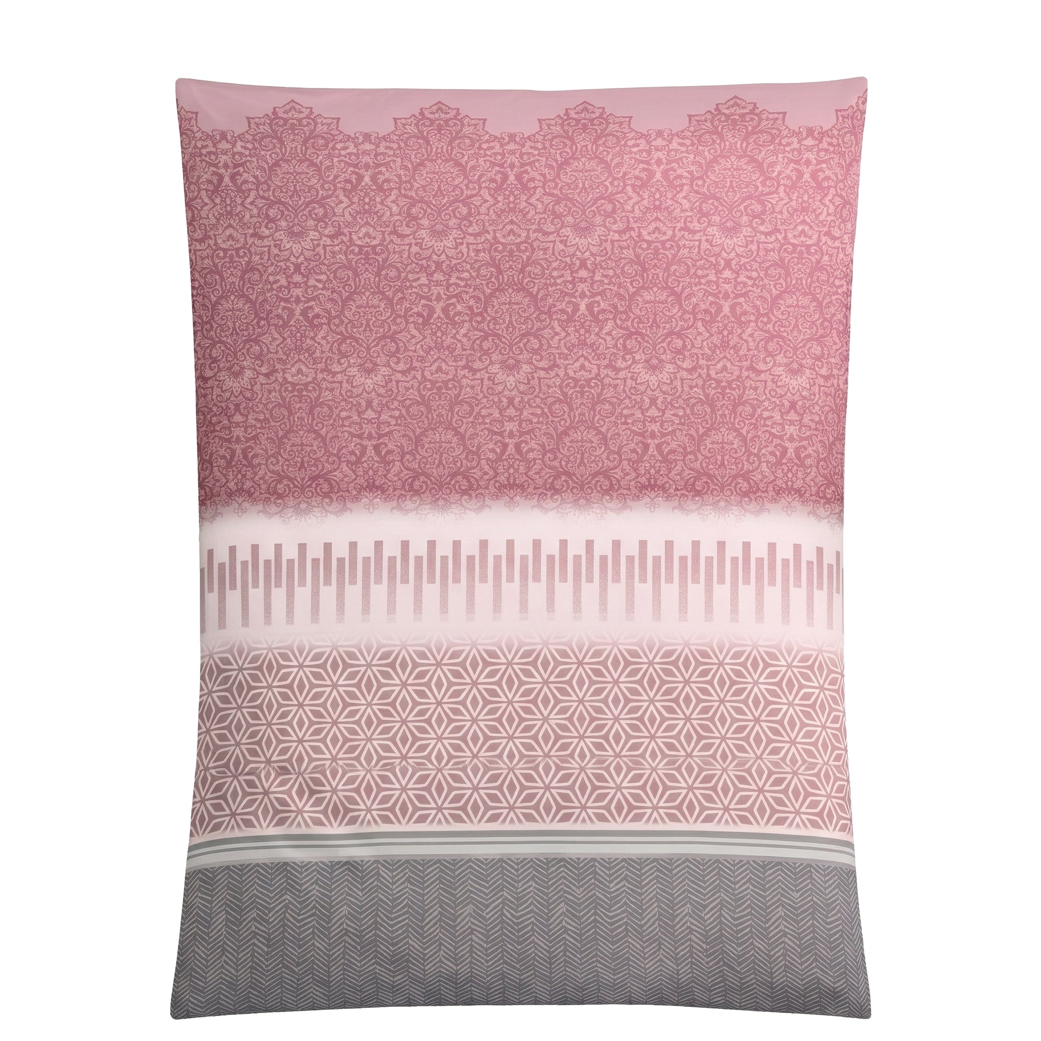 Rosa-graue Bettwäsche mit Ornamenten, Geometrie- und Streifenmuster.