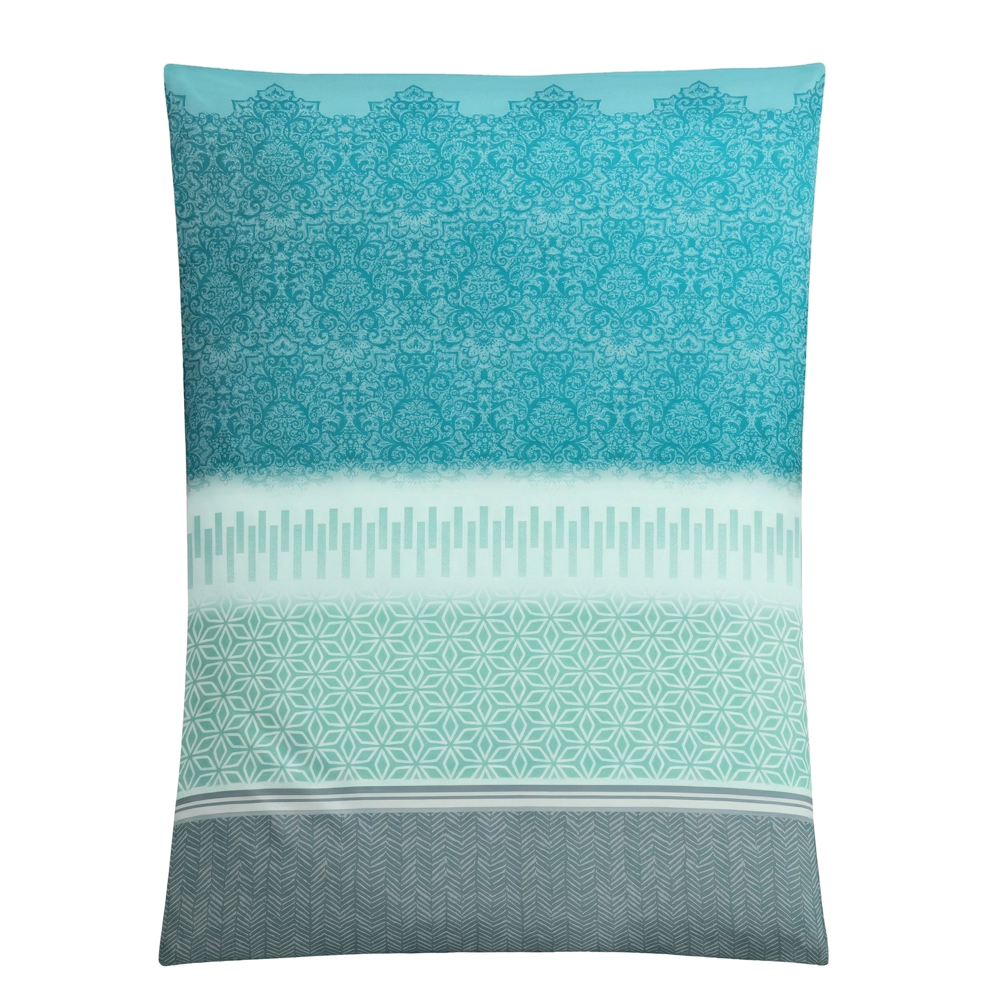 Türkise Bettwäsche mit Ornamenten, Verlauf und Geometrie.