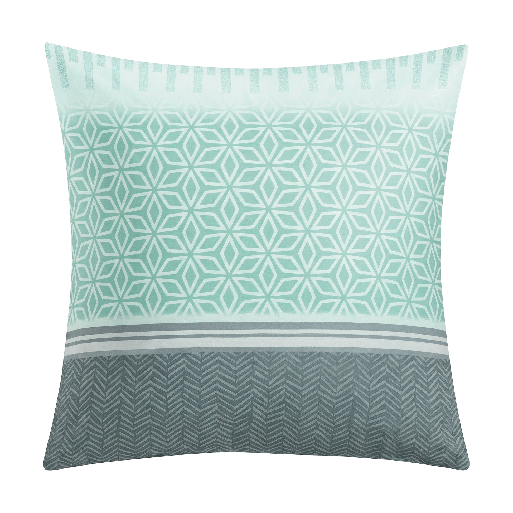 Kopfkissenüberzug in Mint und Grau mit geometrischem Muster.