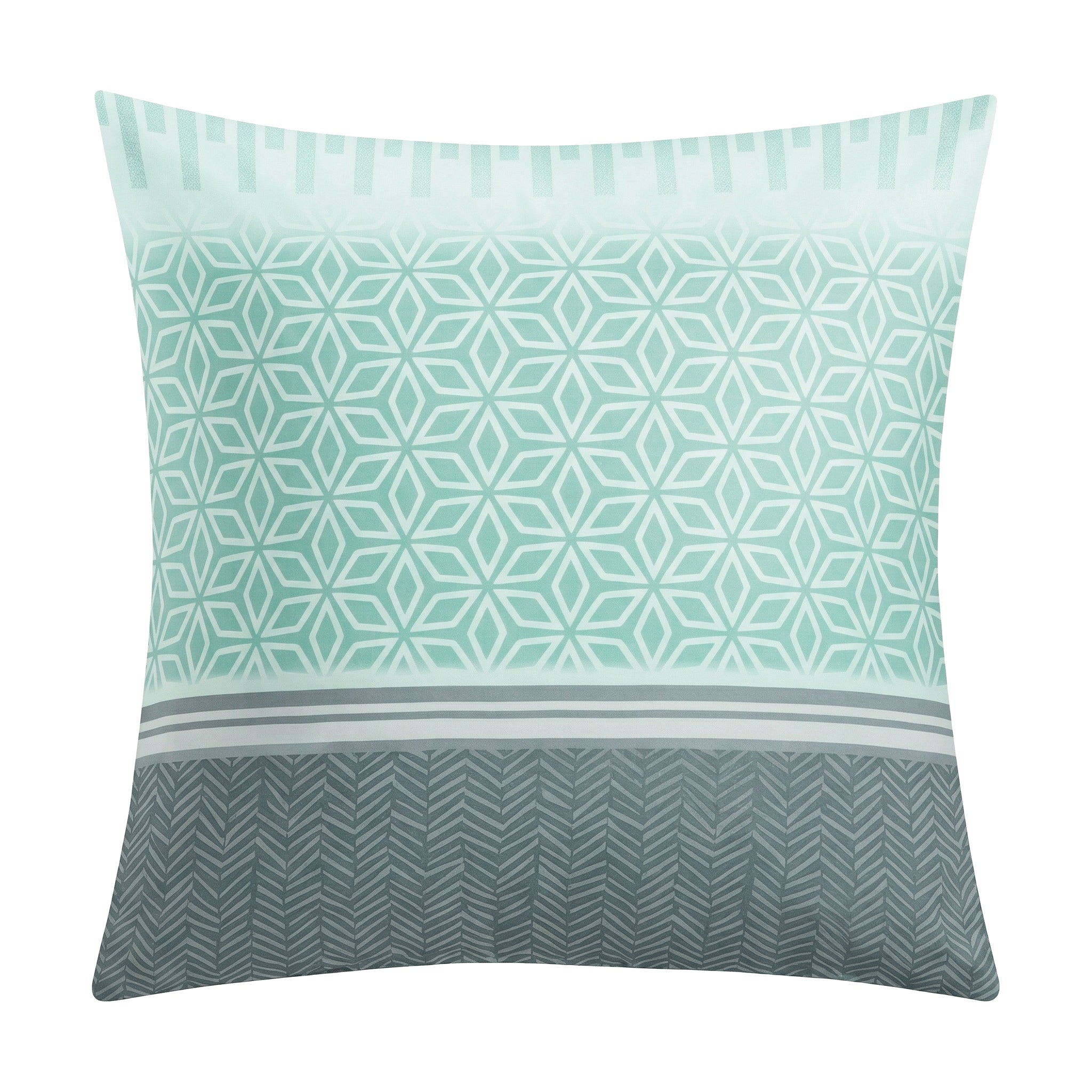 Kopfkissenüberzug in Mint und Grau mit geometrischem Muster.