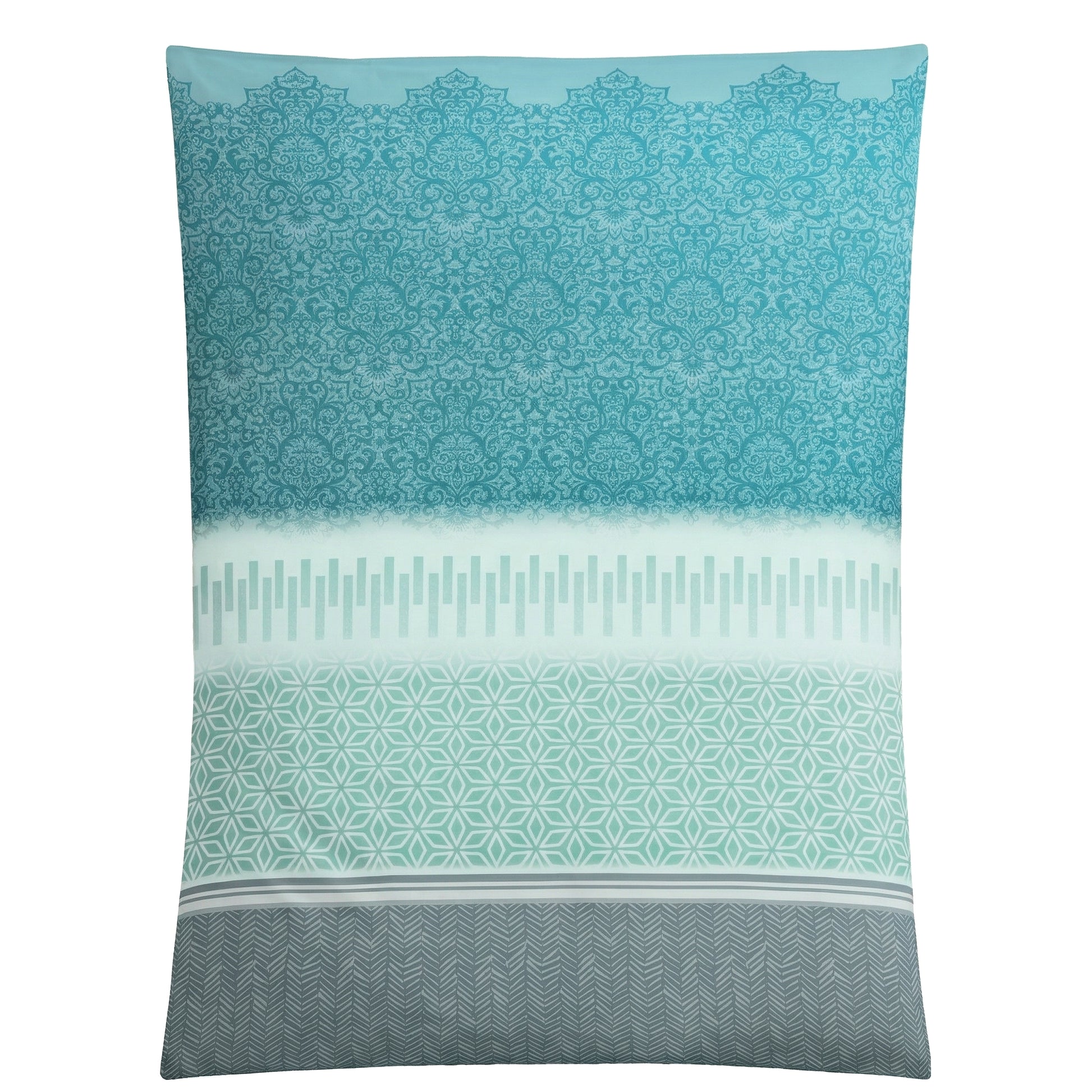 Türkise Bettwäsche mit Ornamenten, Geometrie und grauen Streifen.