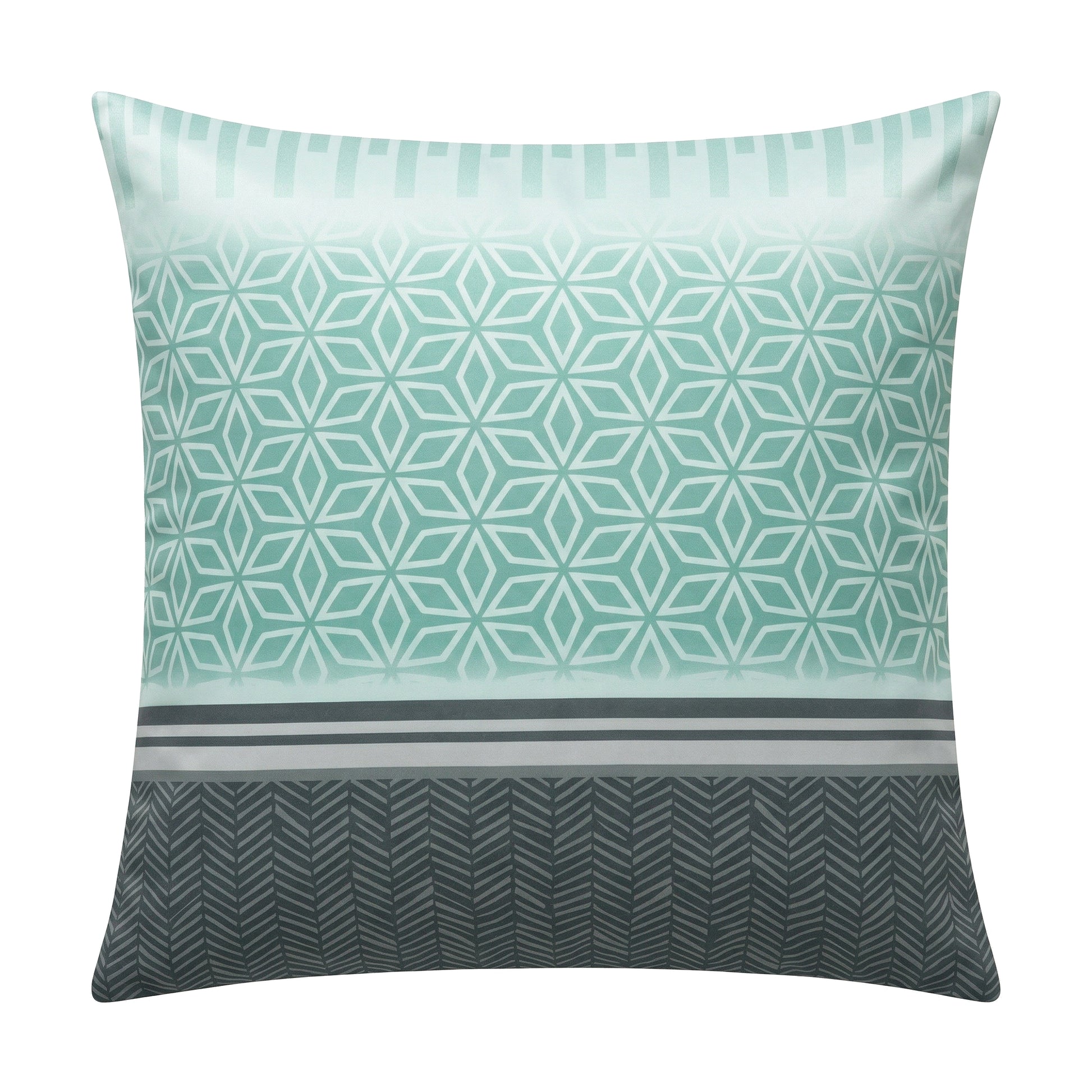 Kopfkissenüberzug in Mintgrau mit grafischem Muster und Streifen.