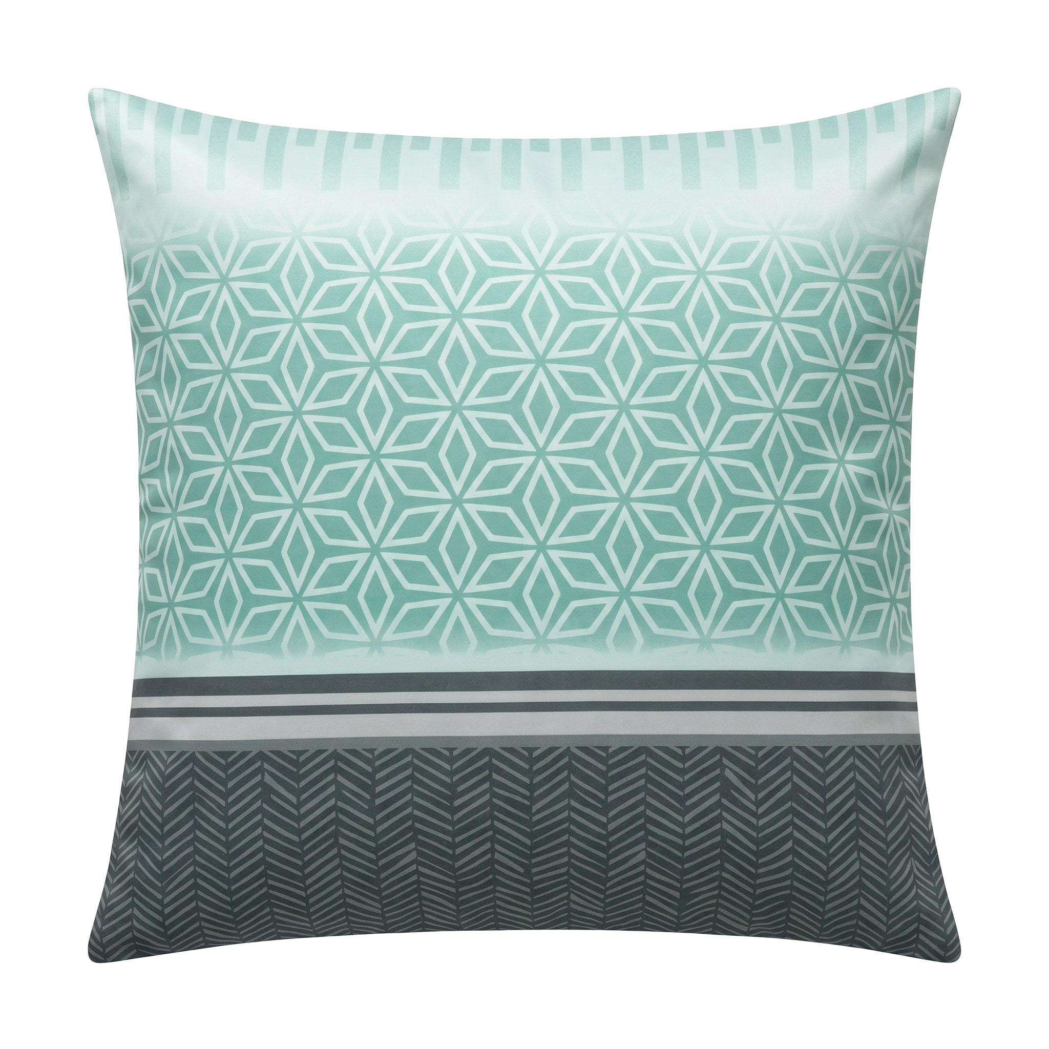 Kopfkissenüberzug in Mintgrau mit grafischem Muster und Streifen.