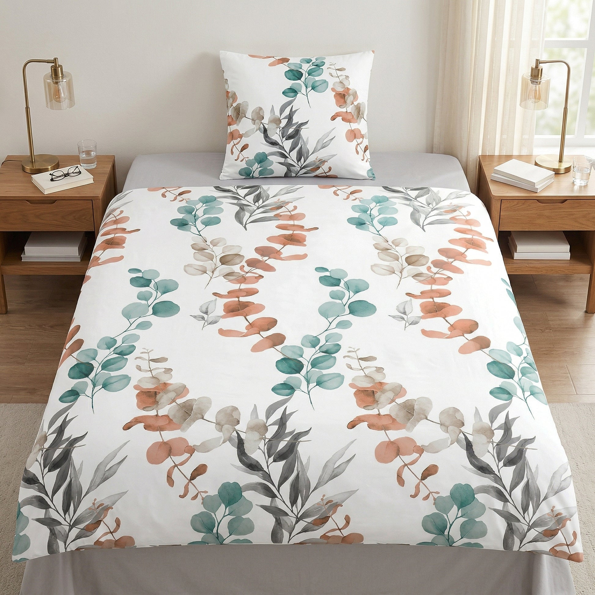 Weiße Bettwäsche mit floralem Eukalyptusmuster im Schlafzimmer.