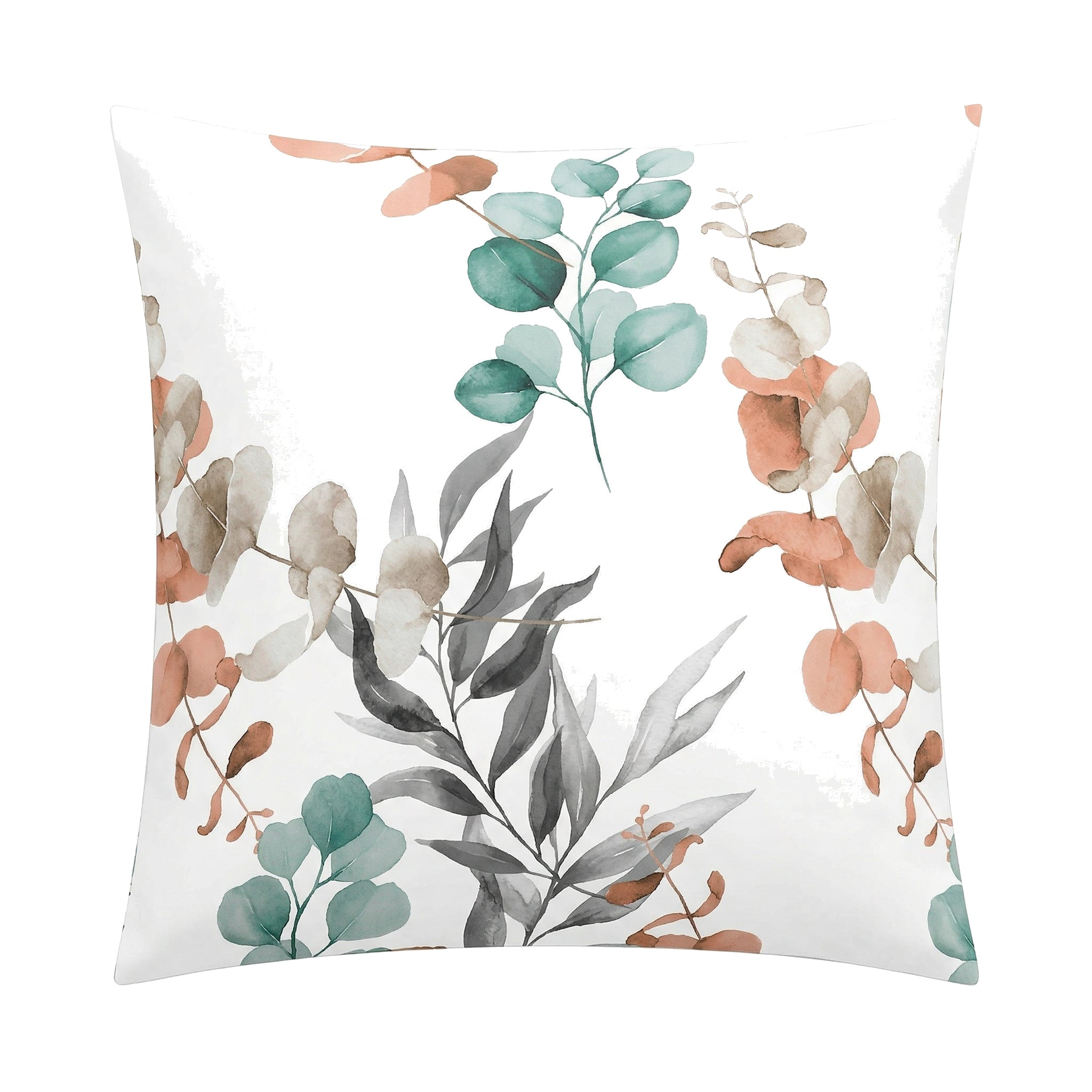 Weißer Kopfkissenüberzug mit zartem Blättermuster in Grün und Beige.