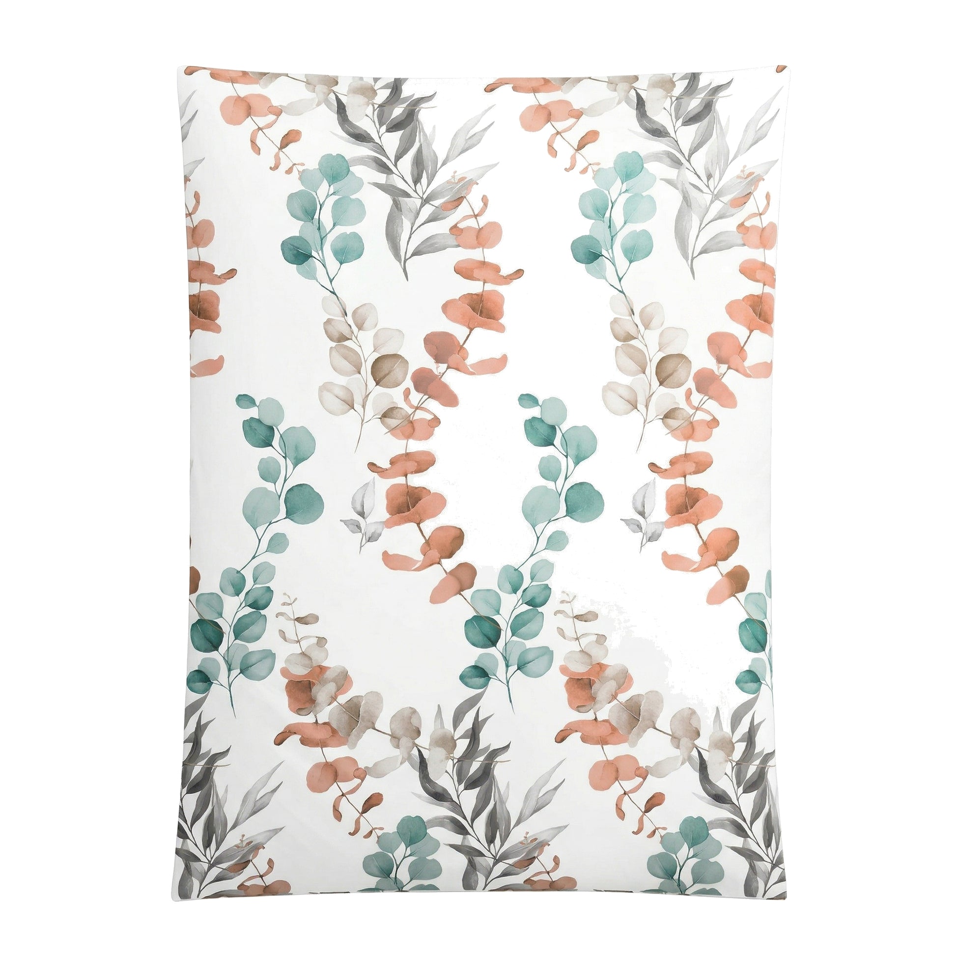 Weiße Bettwäsche mit floralem Muster in Salbei, Apricot und Grau.